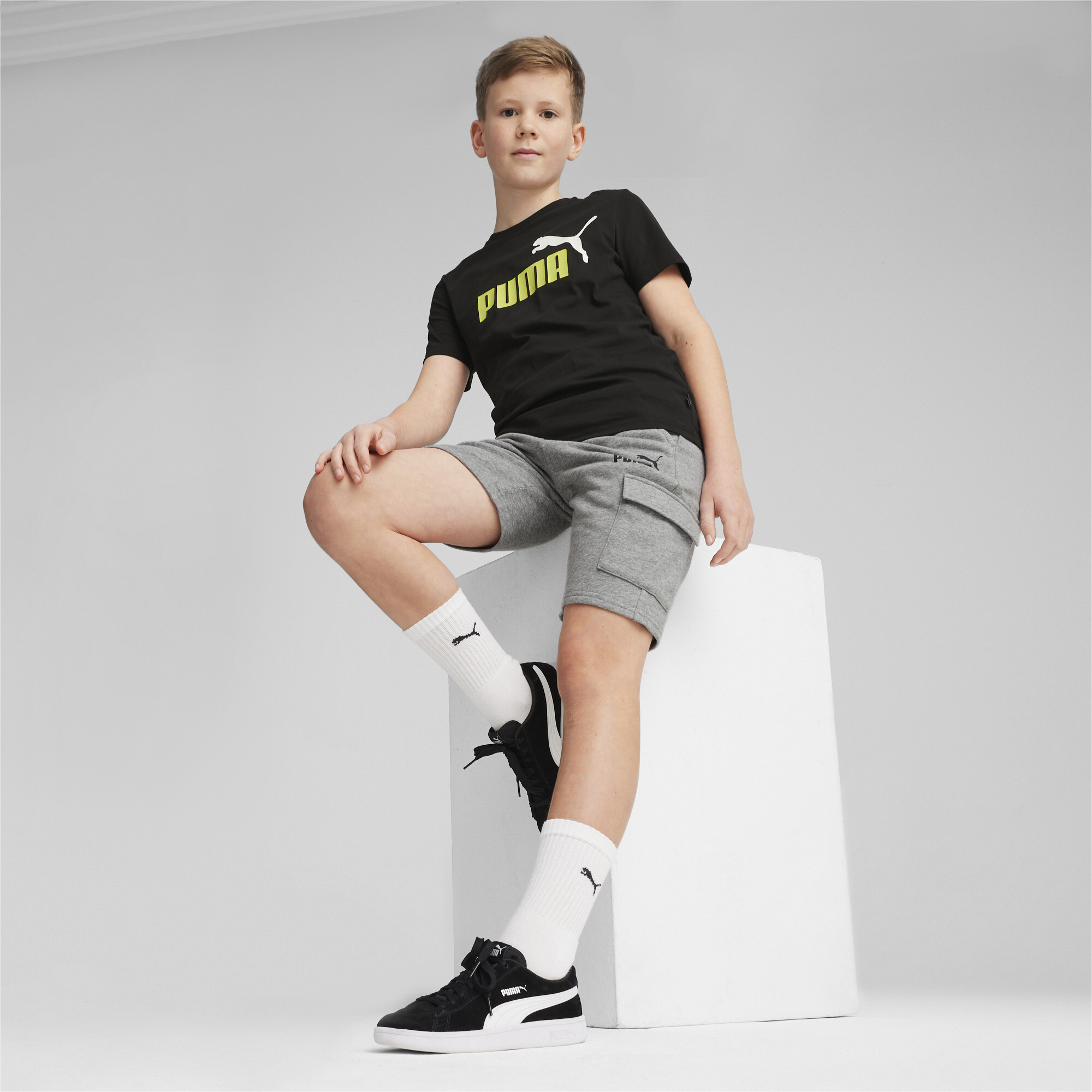 Men's Puma Essentials+ Two-Tone Logo Youth T-Shirt, Black, Size 5-6Y, Shop