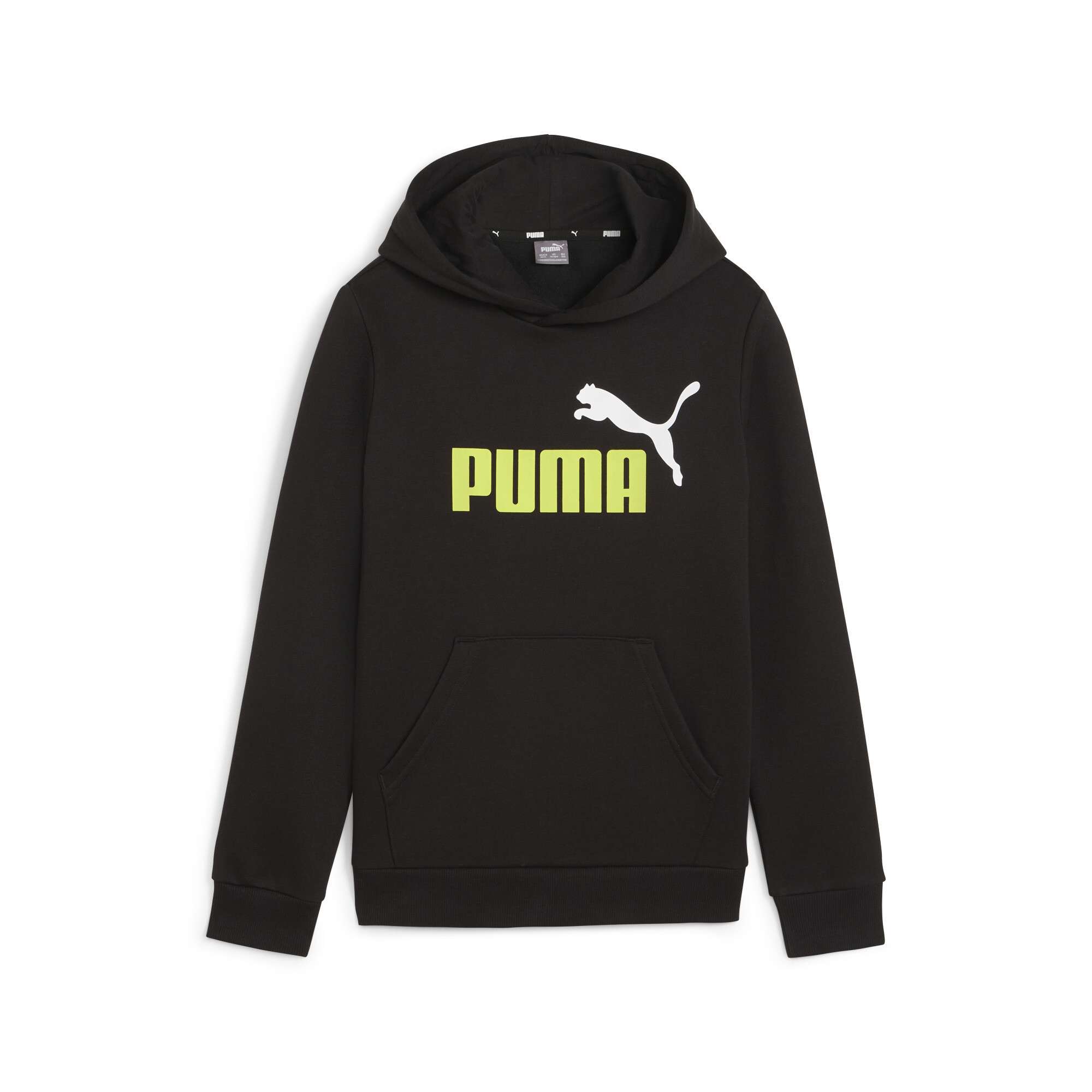 PUMA Essentials+ Two-Tone Big Logo Hoodie In Black, Size 7-8 Youth