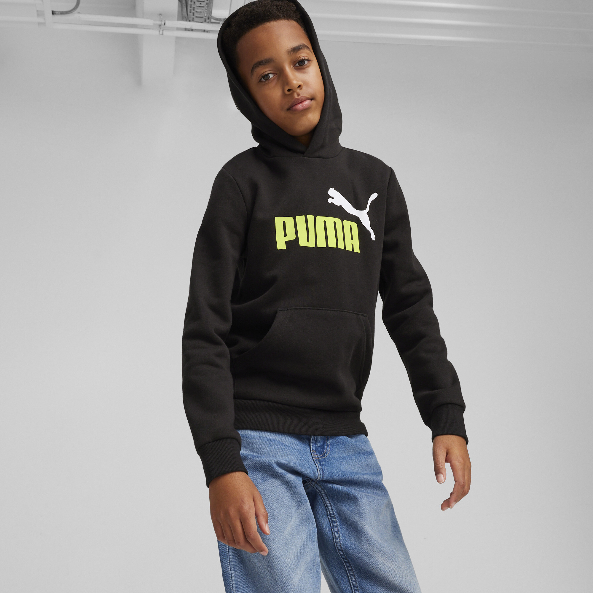 PUMA Essentials+ Two-Tone Big Logo Hoodie In Black, Size 7-8 Youth