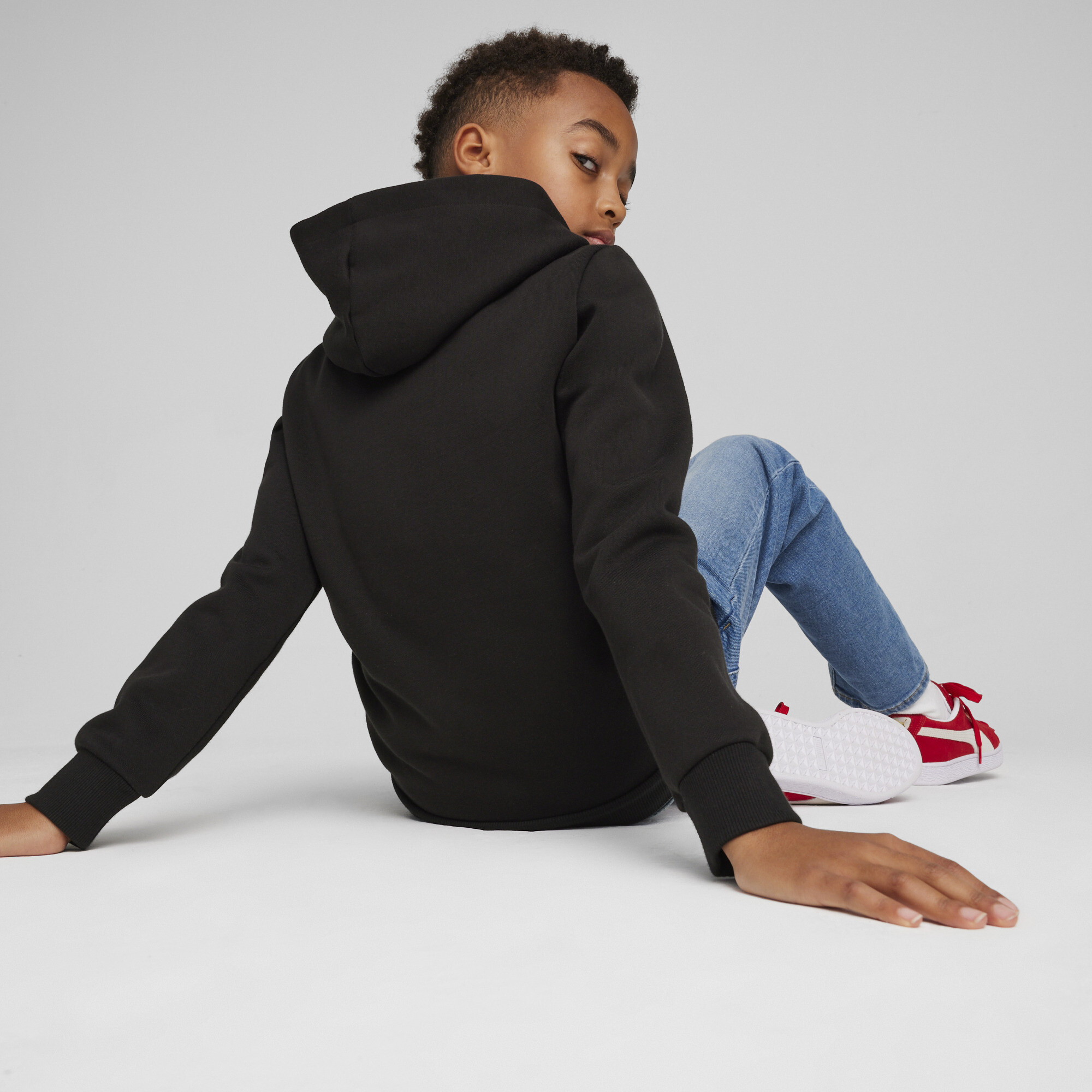 PUMA Essentials+ Two-Tone Big Logo Hoodie In Black, Size 7-8 Youth