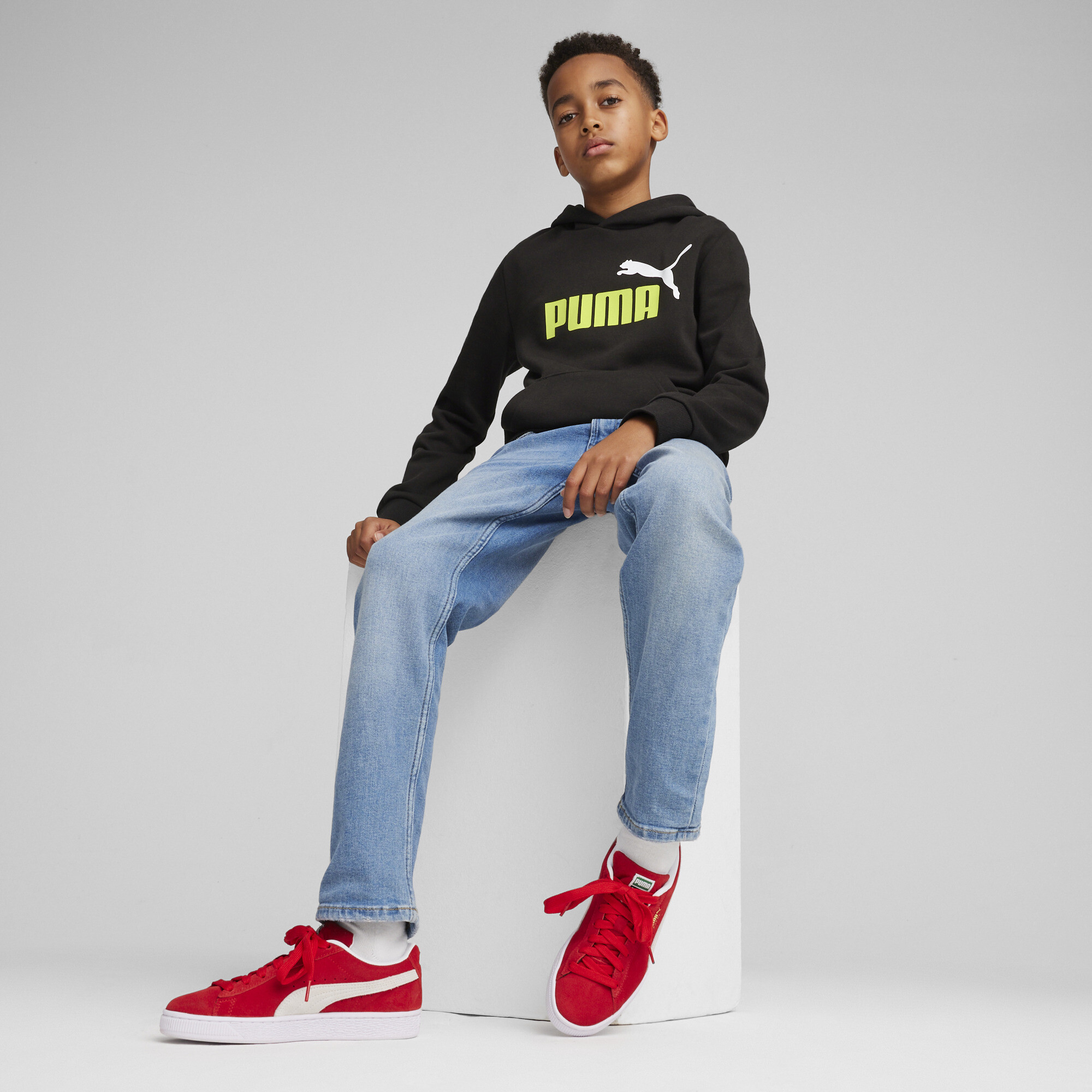 PUMA Essentials+ Two-Tone Big Logo Hoodie In Black, Size 7-8 Youth