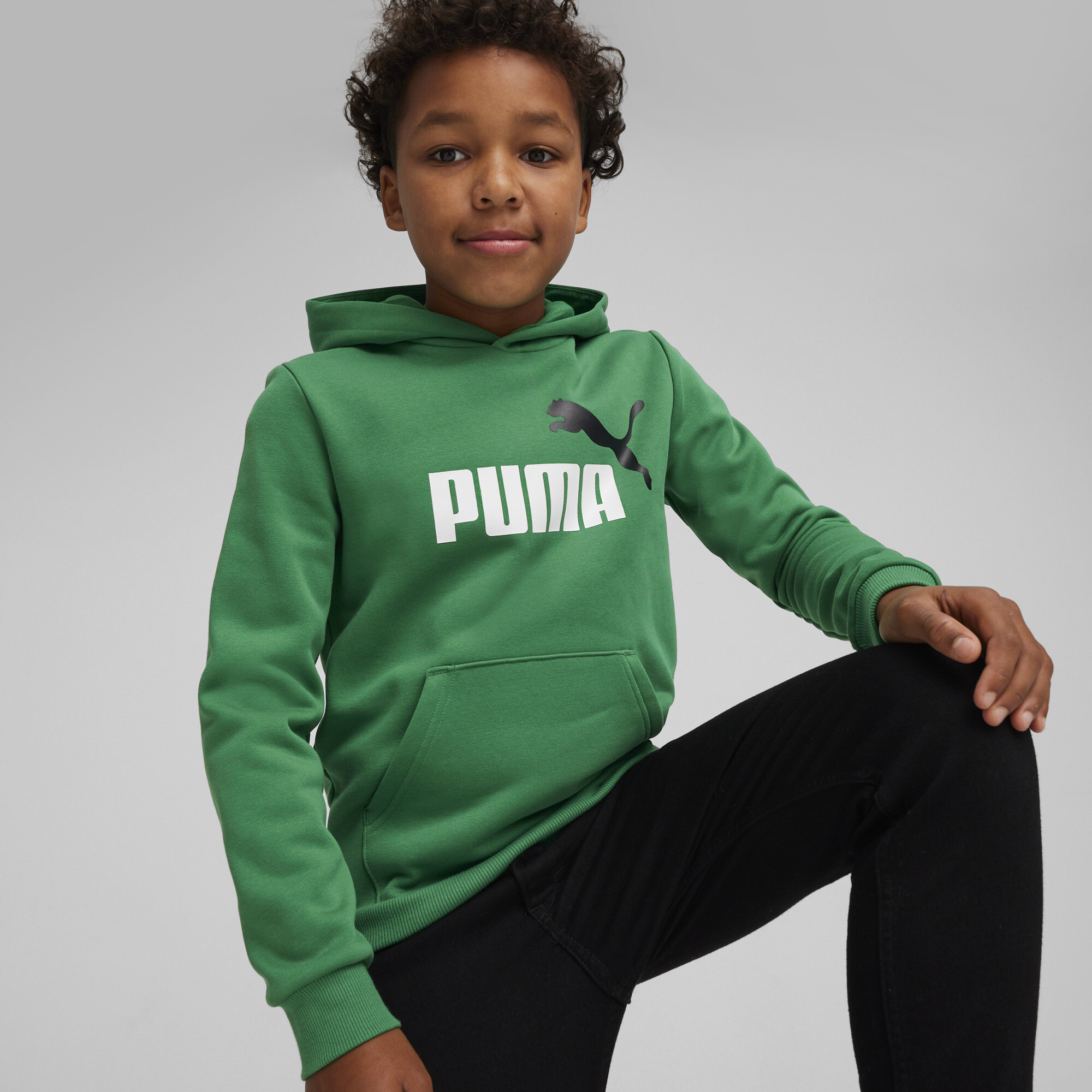 PUMA Essentials+ Two-Tone Big Logo Hoodie In Green, Size 3-4 Youth