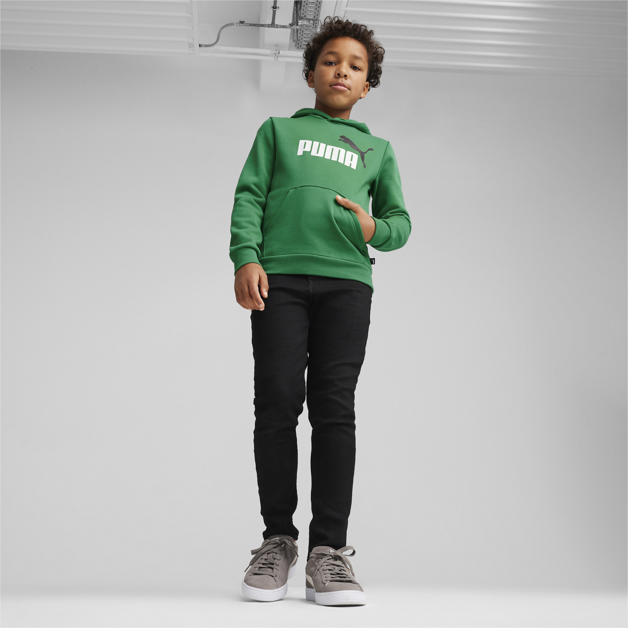 PUMA Essentials+ Two-Tone Big Logo Hoodie In Green, Size 9-10 Youth