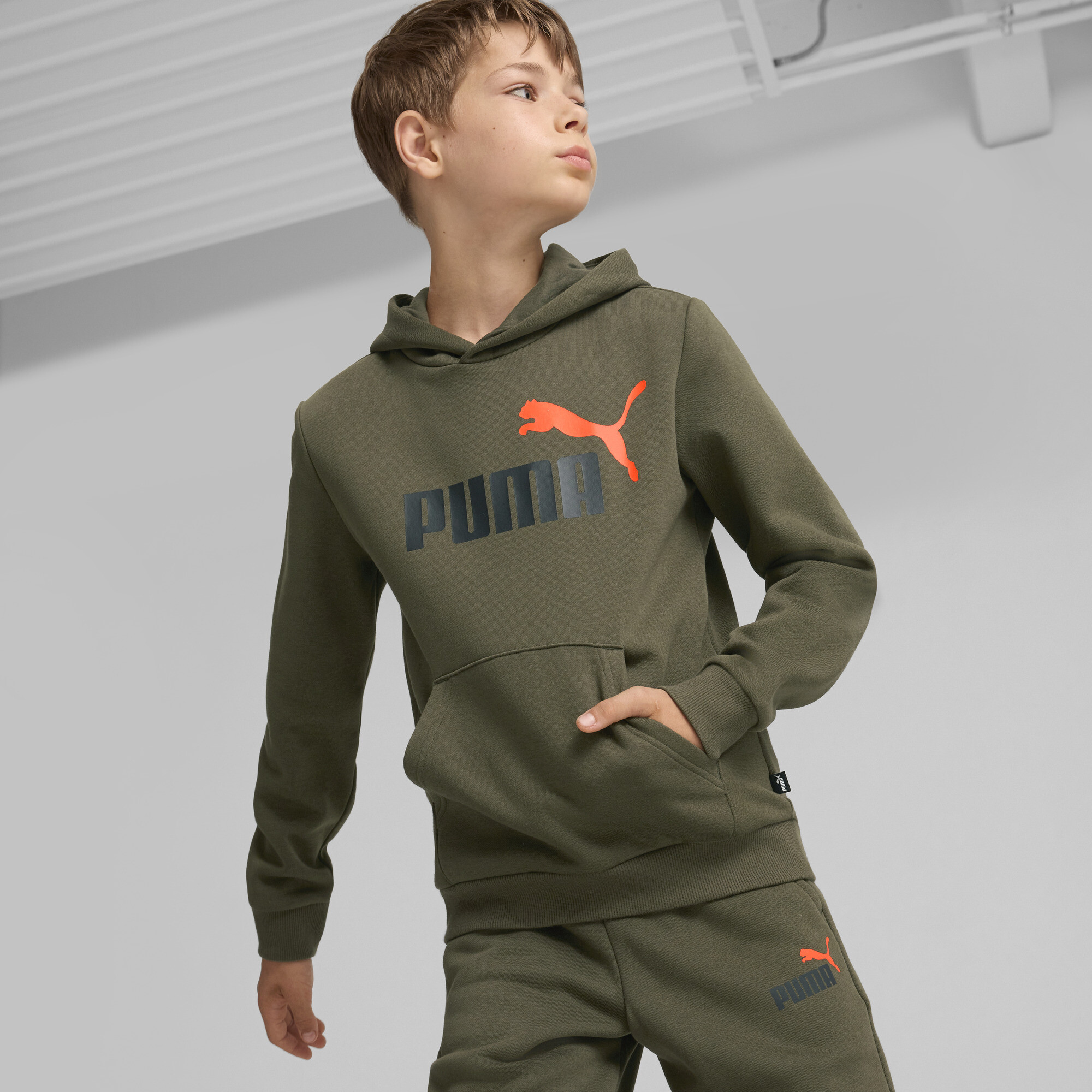 Men's Puma Essentials+ Two-Tone Big Logo Hoodie Youth, Green, Size 11-12Y, Shop