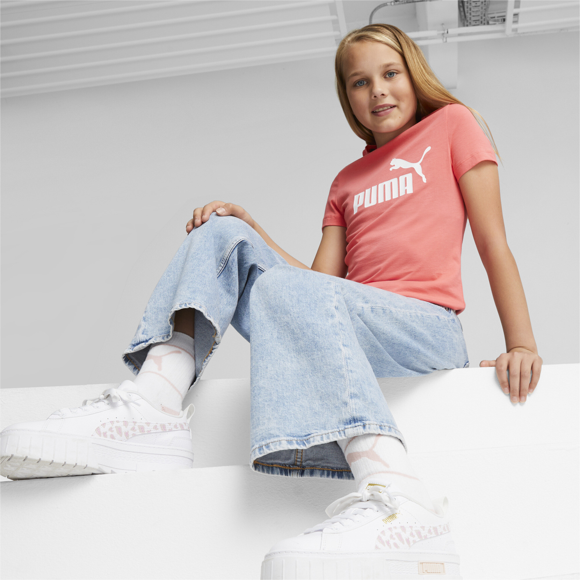 Women's Puma Essentials Logo Youth T-Shirt, Pink, Size 4-5Y, Clothing