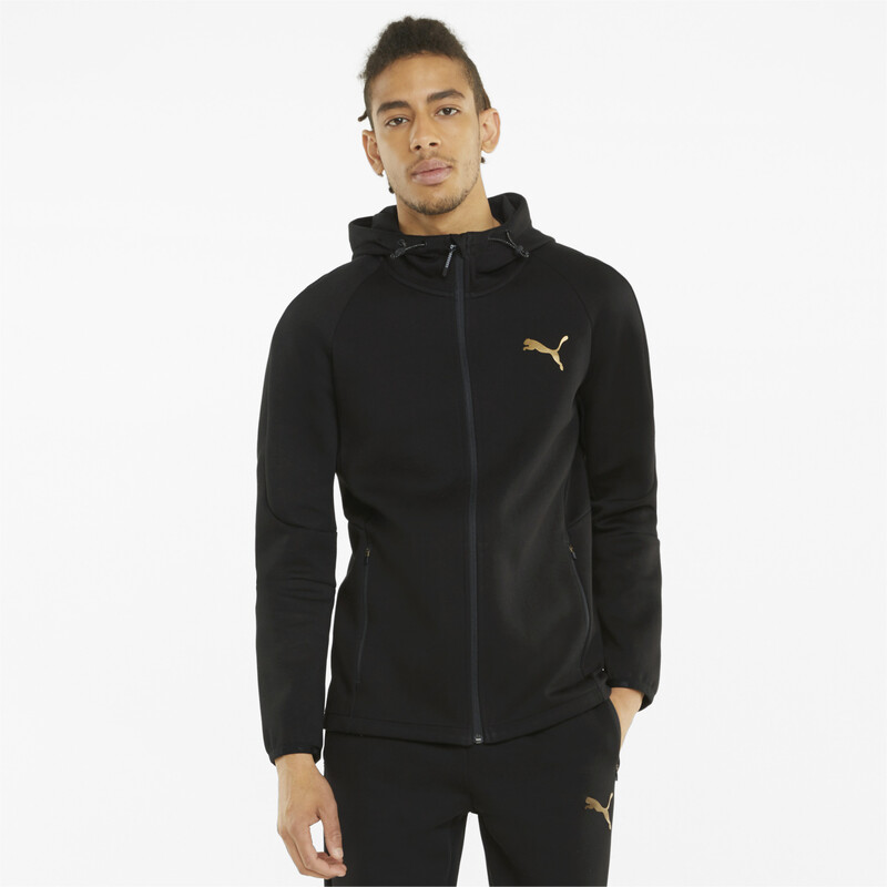 

Men's PUMA EVOSTRIPE Full-Zip Slim Fit Polo Hoodie, Black/gold