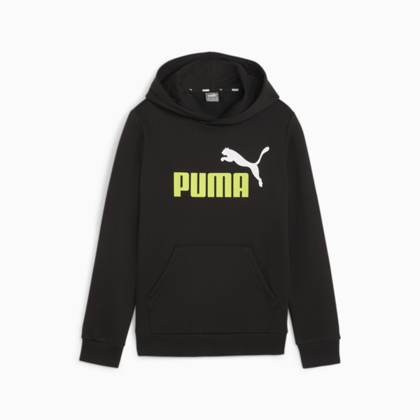 ESS+ 2 Col Big Logo Youth Hoodie, PUMA Black-Lime Sheen, large-ZAF