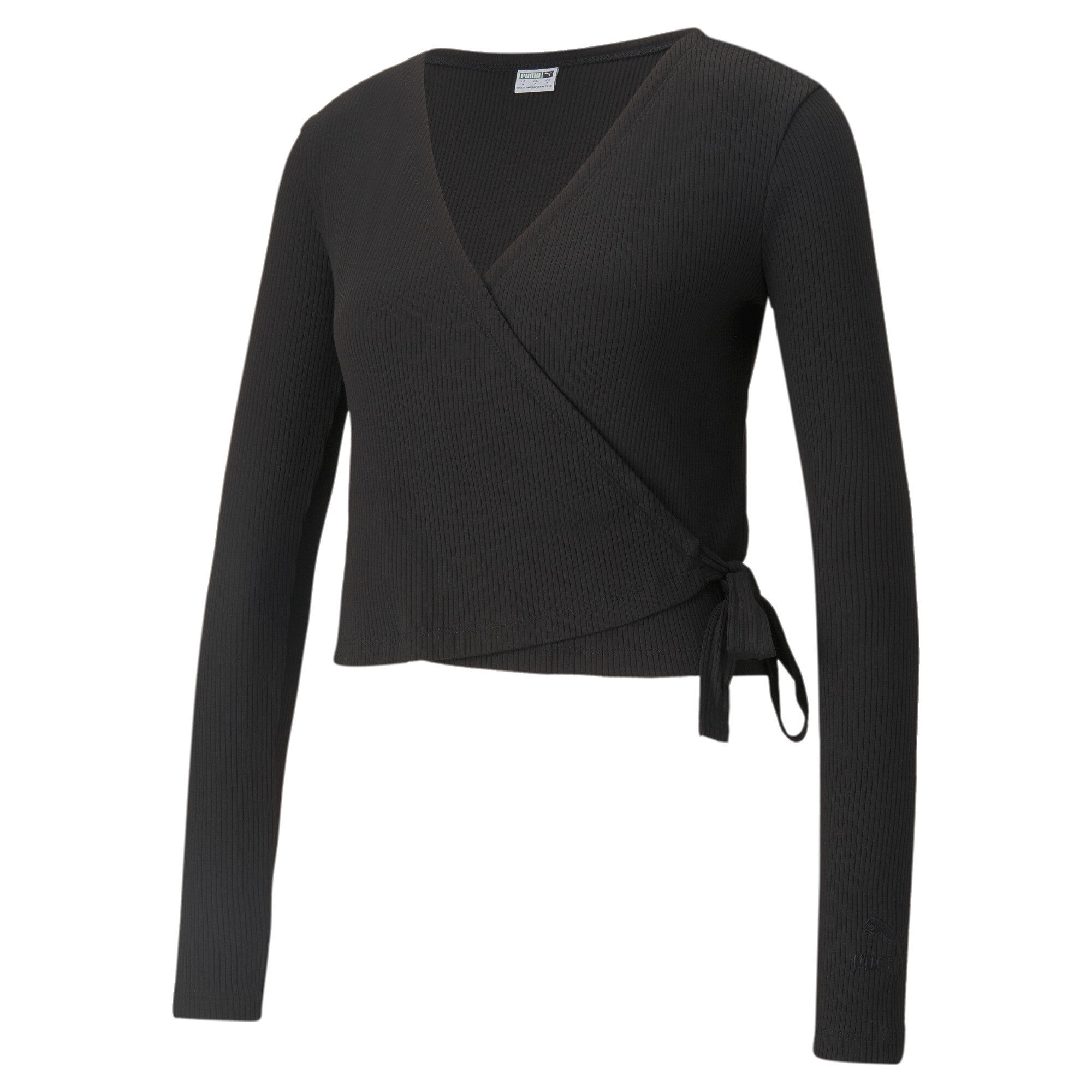 Women's Puma Classics Ribbed's Wrap Top, Black, Size XXS, Clothing