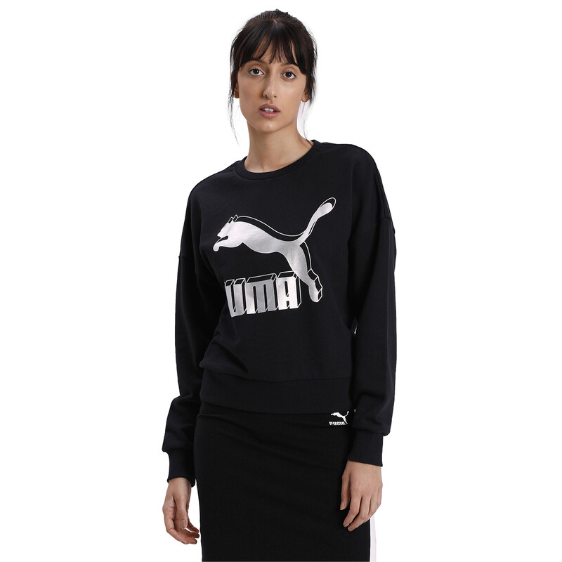 

Women's PUMA Classics Logo Metallic Crew, Black/gray/silver