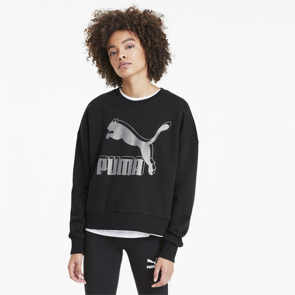 Classics Logo Metallic Bisiklet Yaka Kadin Sweatshirt Siyah Puma Puma Turkiye Resmi Alisveris Sitesi
