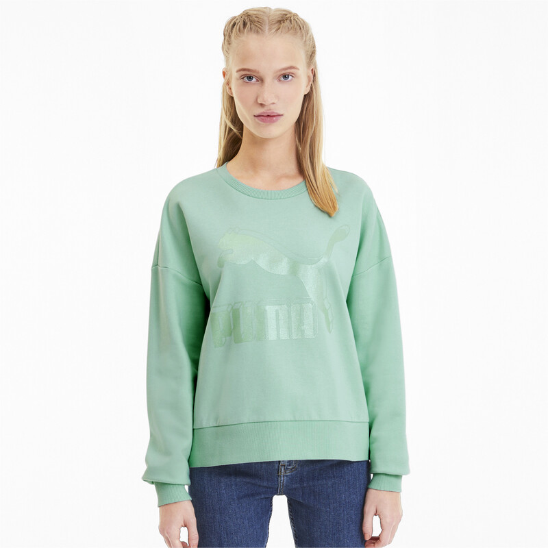 

Women's PUMA Classics Logo Metallic Crew, Gray/green