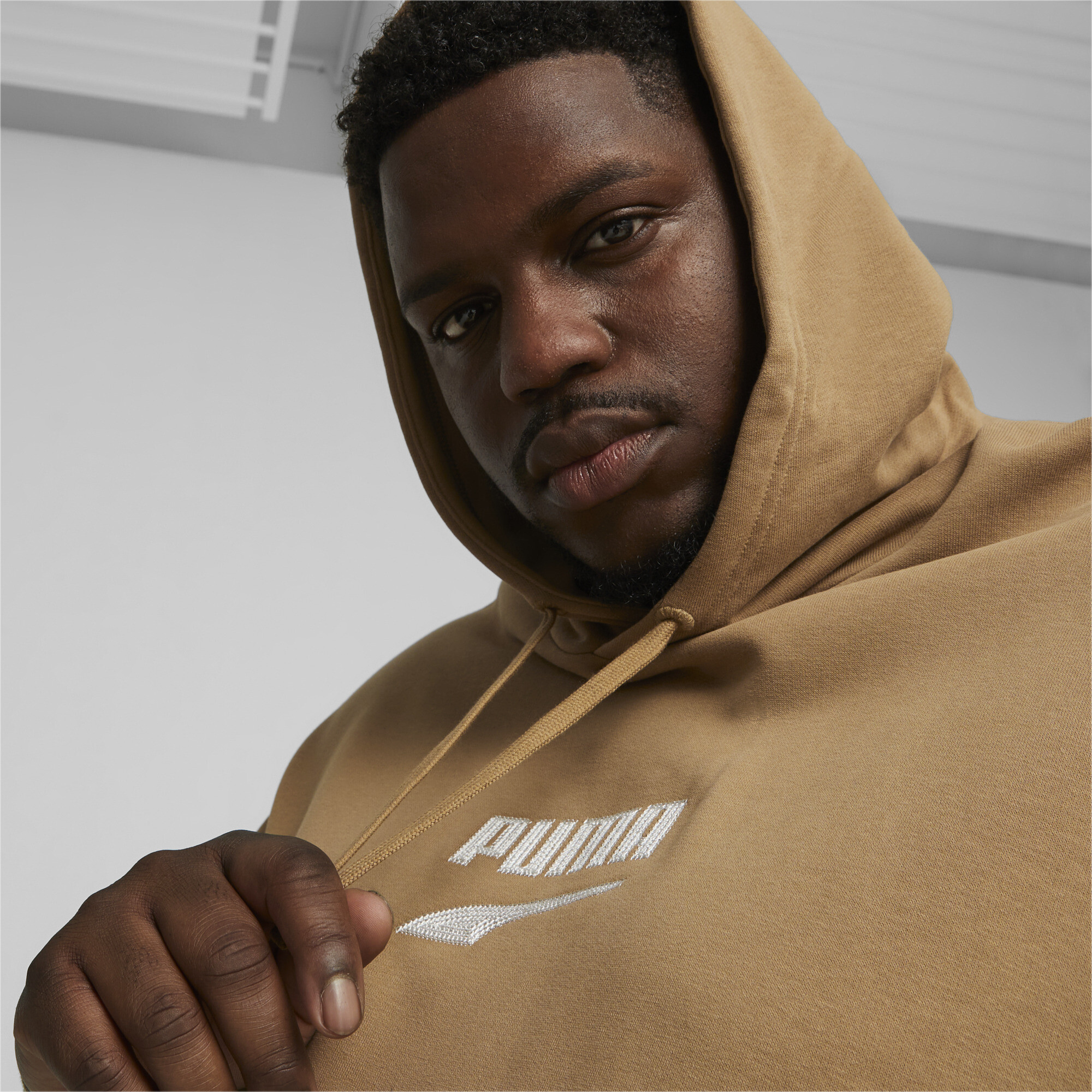 Men's PUMA DOWNTOWN Logo Hoodie In Beige, Size Medium, Cotton