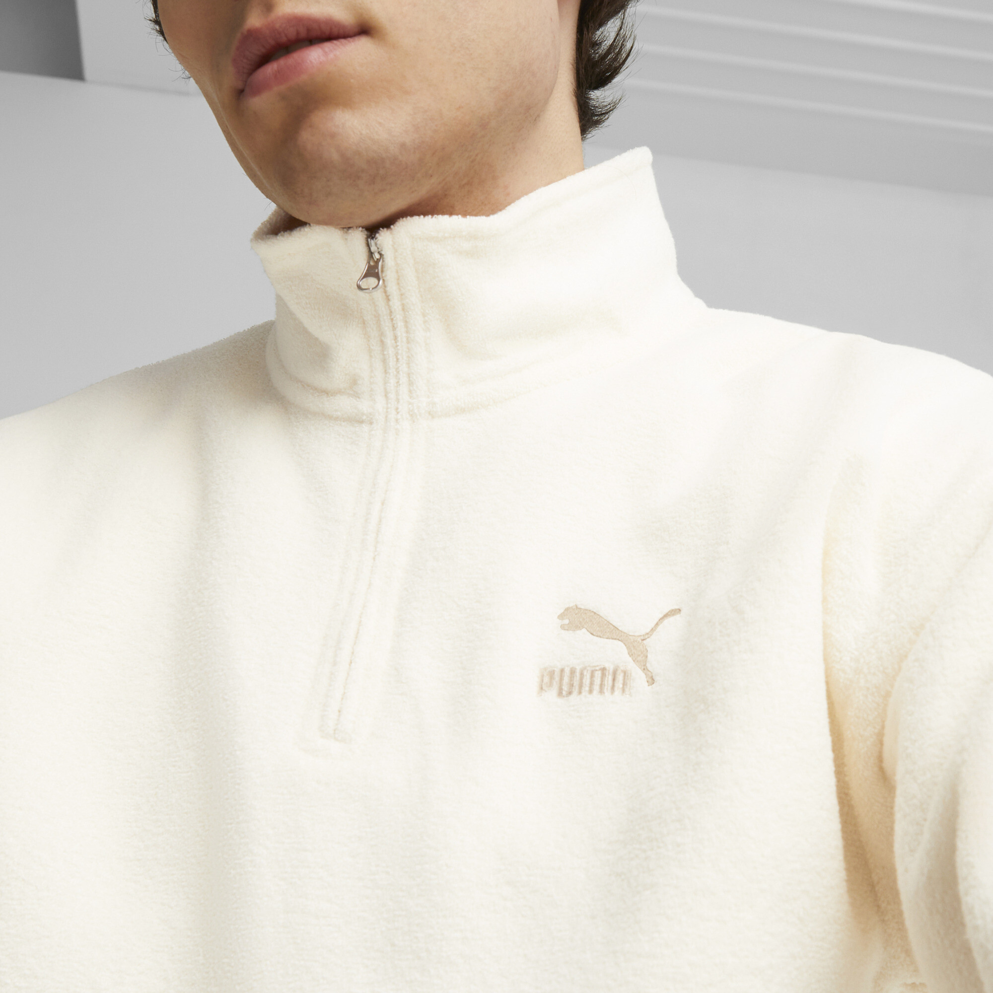 Men's PUMA CLASSICS Fleece Quarter-Zip In White, Size 2XL