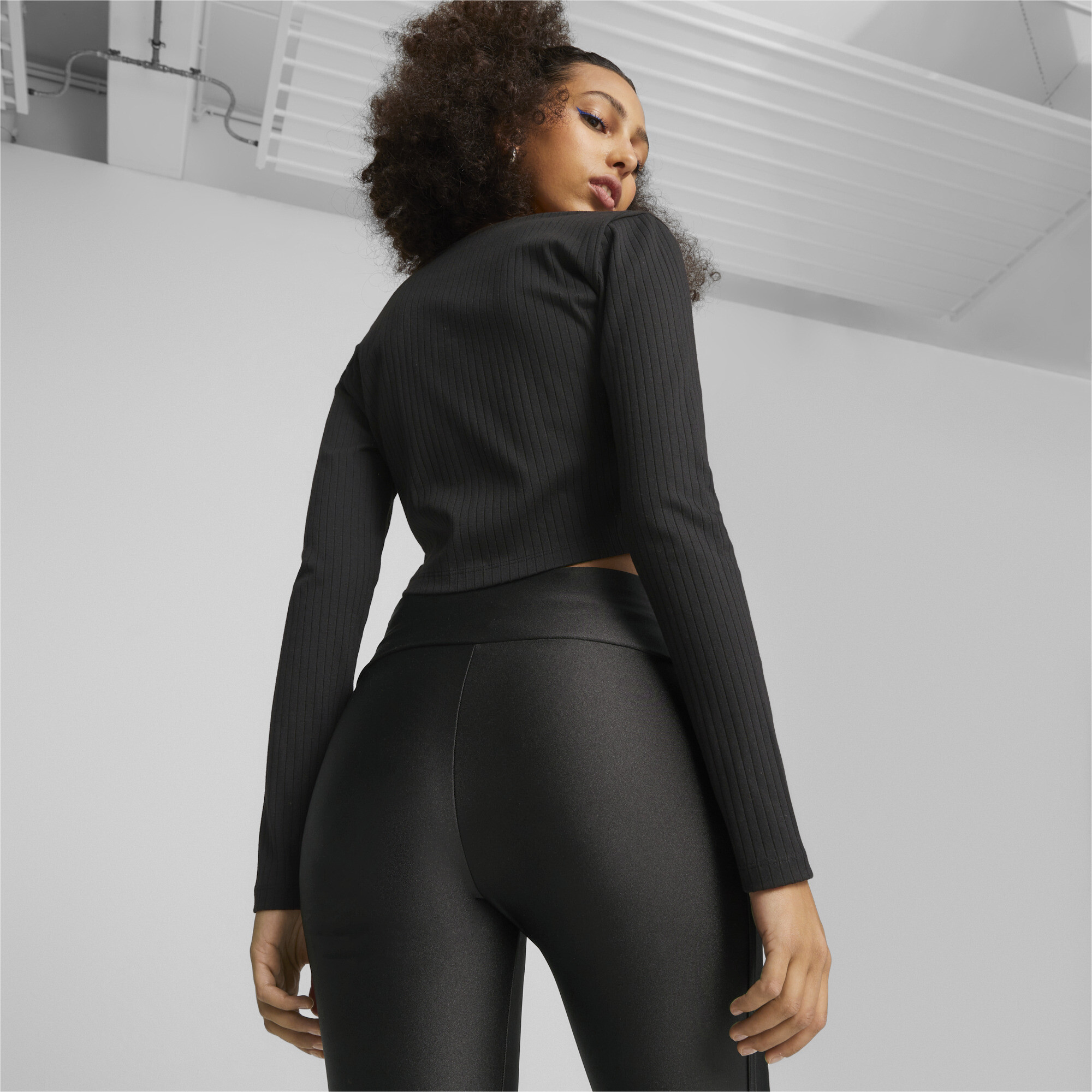 Women's PUMA Classics Ribbed Long Sleeve Shirt In Black, Size Small