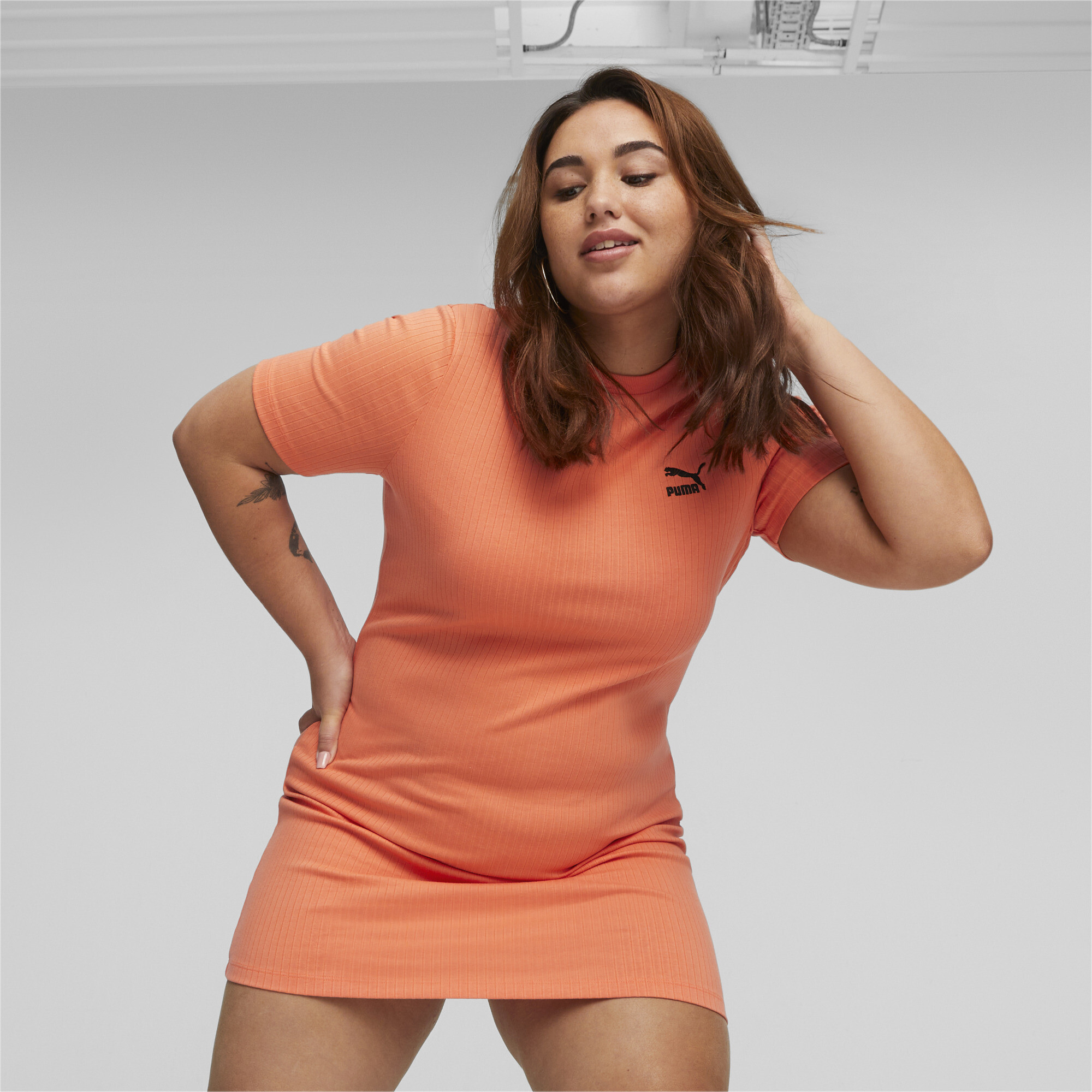 Women's Puma Classics's Ribbed Dress, Orange, Size XS, Clothing