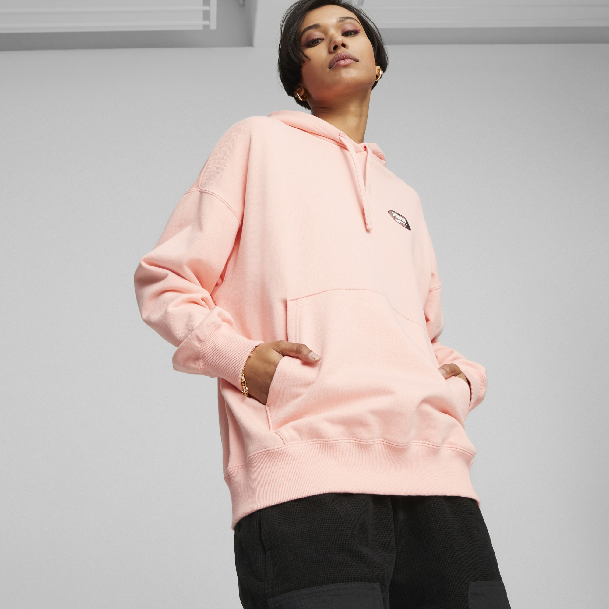 Women's PUMA DOWNTOWN Oversized Graphic Hoodie In Pink, Size XL