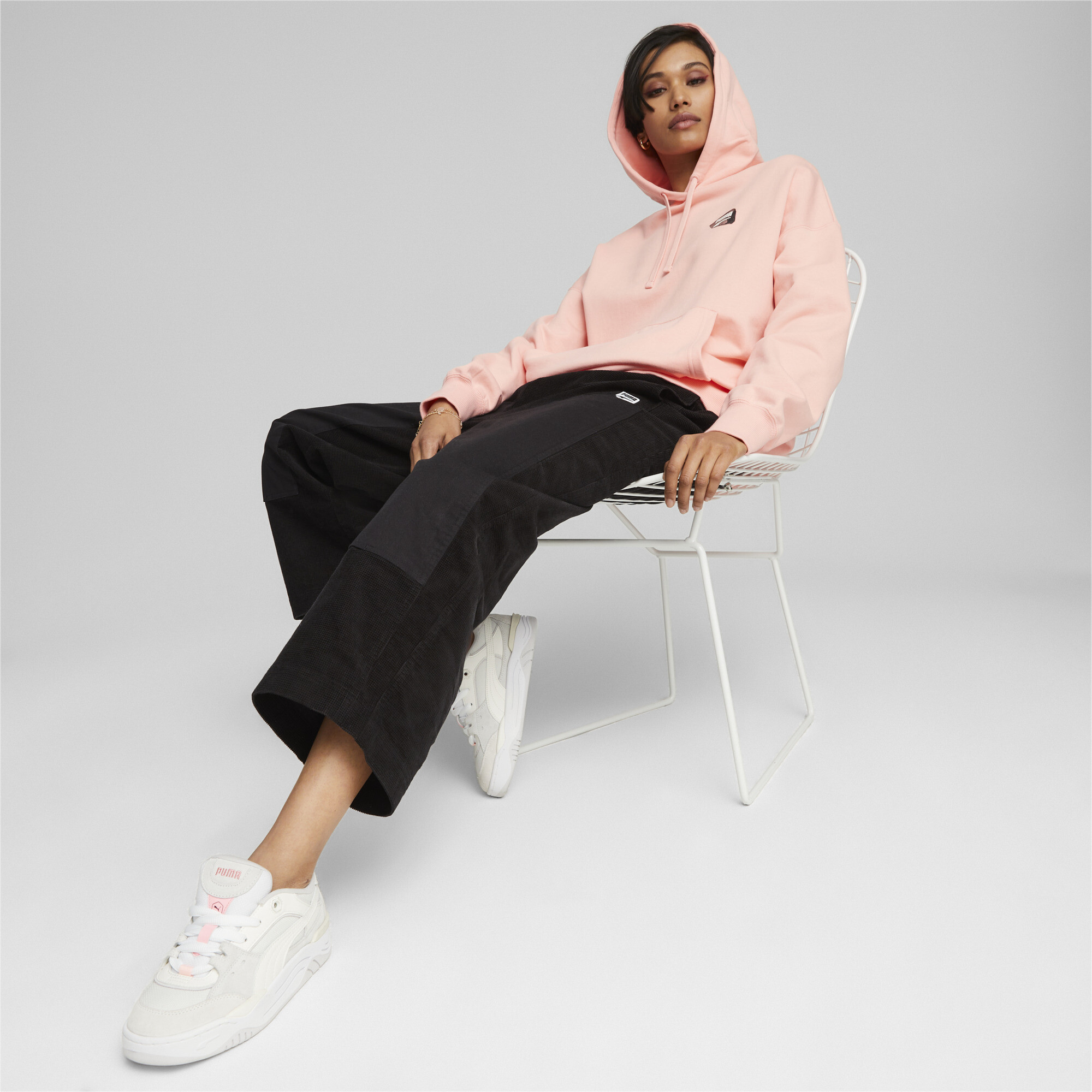 Women's PUMA DOWNTOWN Oversized Graphic Hoodie In Pink, Size 2X-Small
