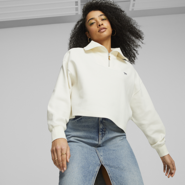 DOWNTOWN Women's Half-Zip Sweatshirt, Warm White, large-ZAF