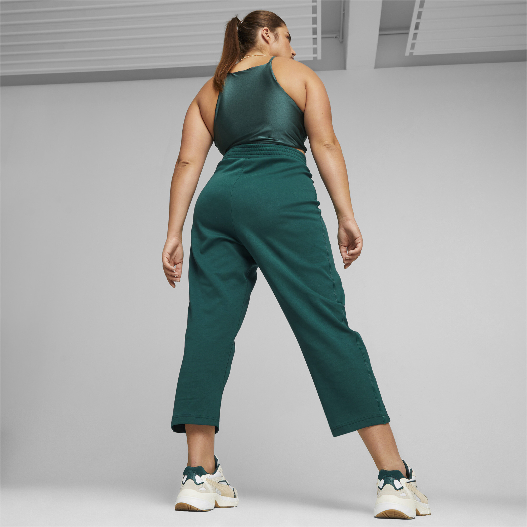 Women's PUMA T7 High Waist Pants In Green, Size Medium, Cotton