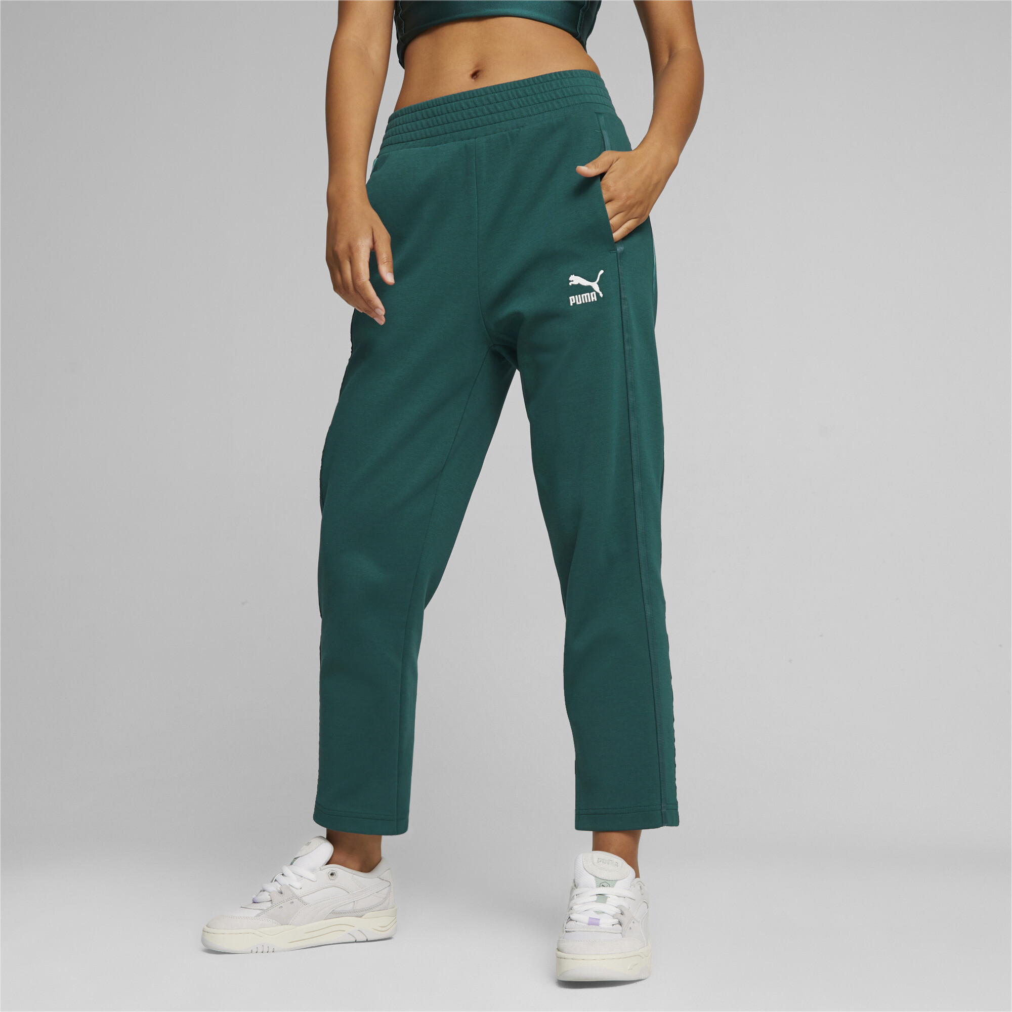 Women's PUMA T7 High Waist Pants In Green, Size Medium, Cotton