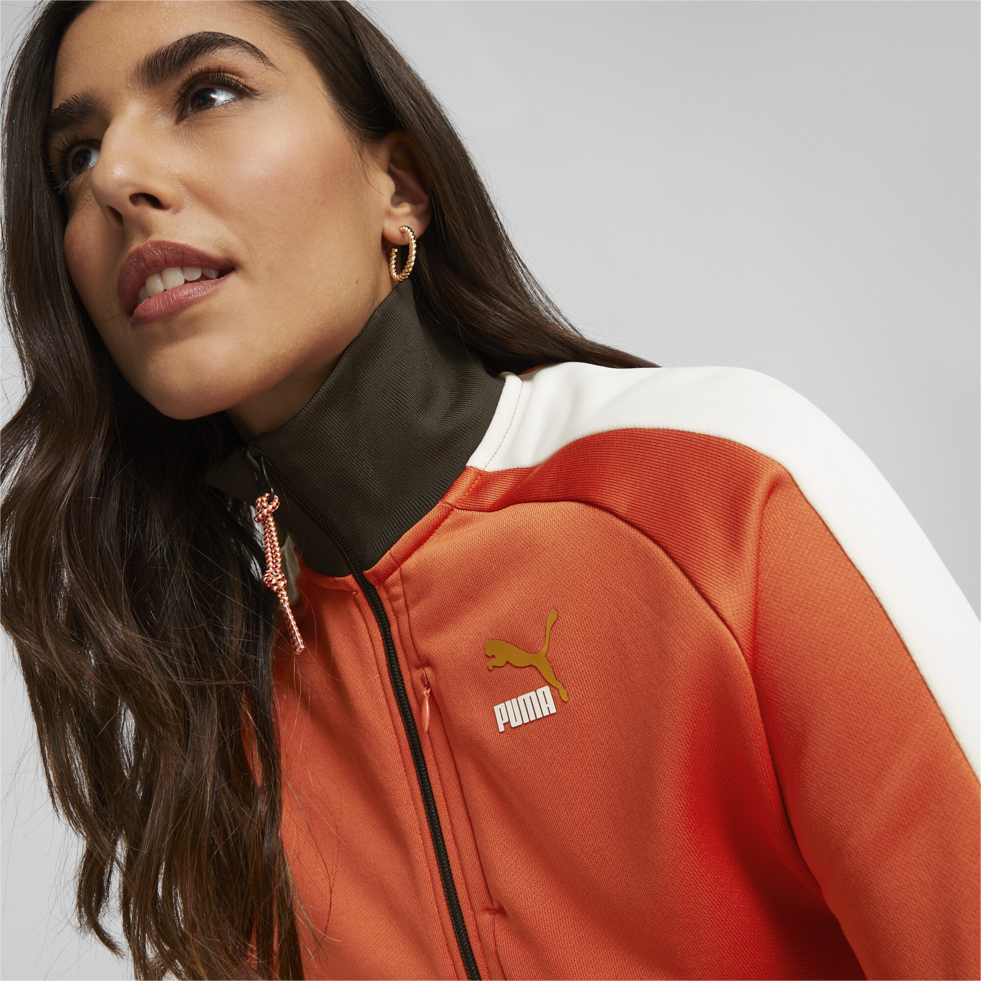 Women's PUMA T7 Track Jacket In Orange, Size XL