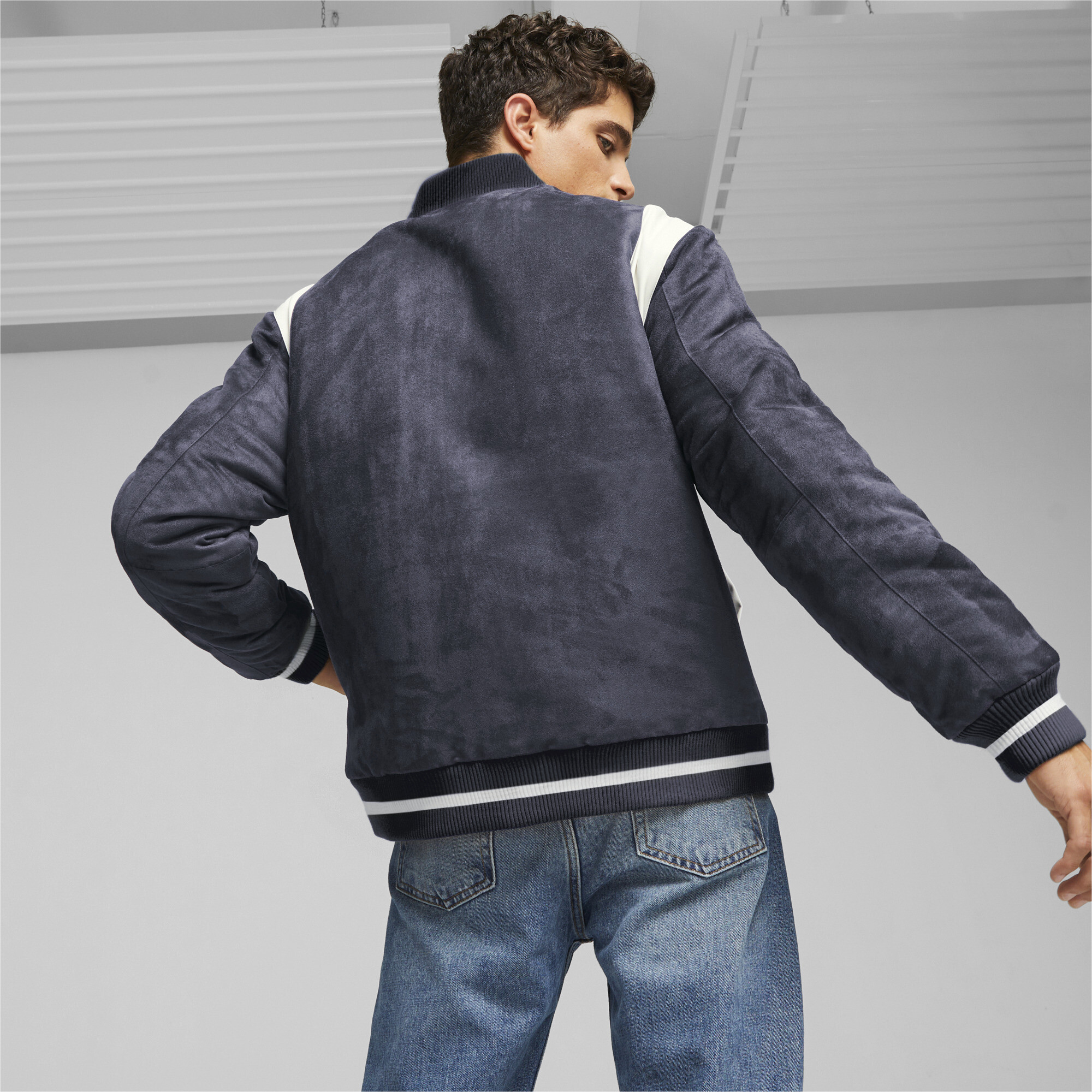 Men's PUMA X STAPLE Varisty Jacket In Blue, Size Medium