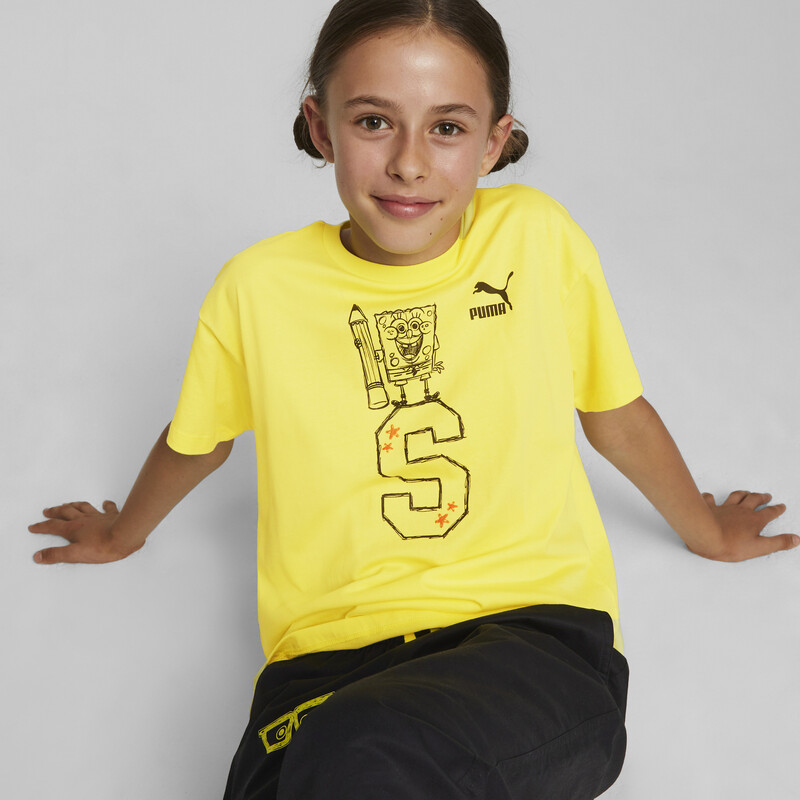 PUMA X SPONGEBOB SQUAREPANTS Youth Graphic Crew Neck T-shirt in Lemon Meringue size 11-12Y