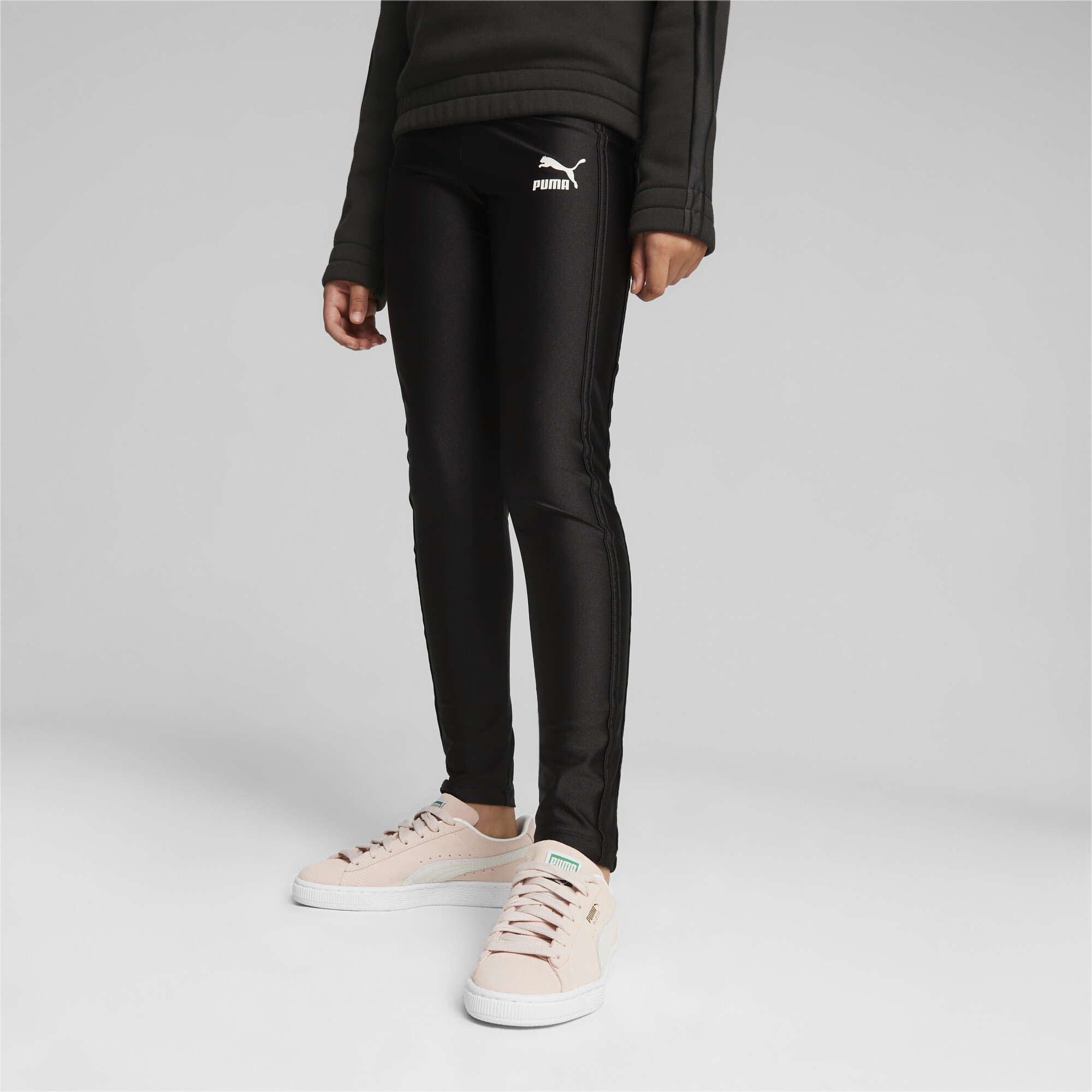 Women's Puma T7 High Waist Shiny Youth Leggings, Black, Size 9-10Y, Clothing