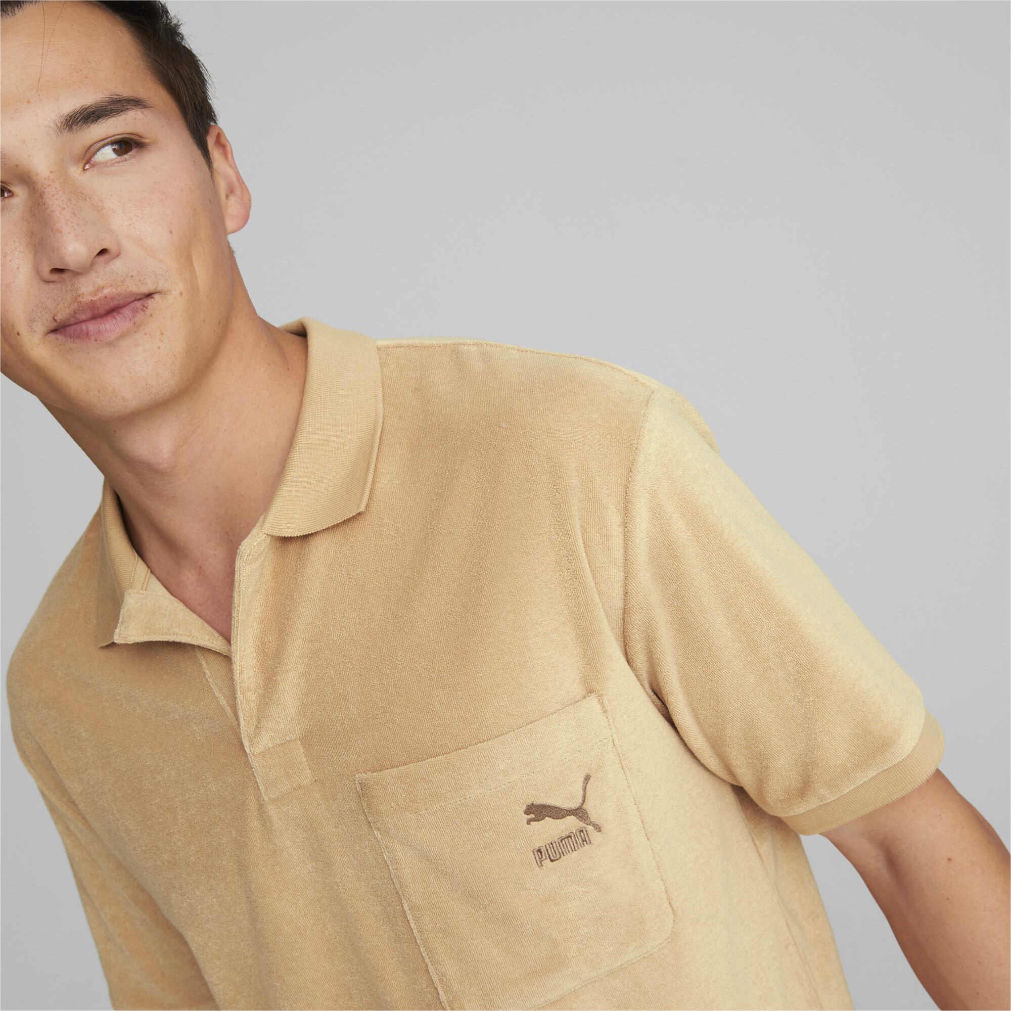 Men's Puma Classics Towelling Polo Shirt T-Shirt, Beige T-Shirt, Size M T-Shirt, Clothing
