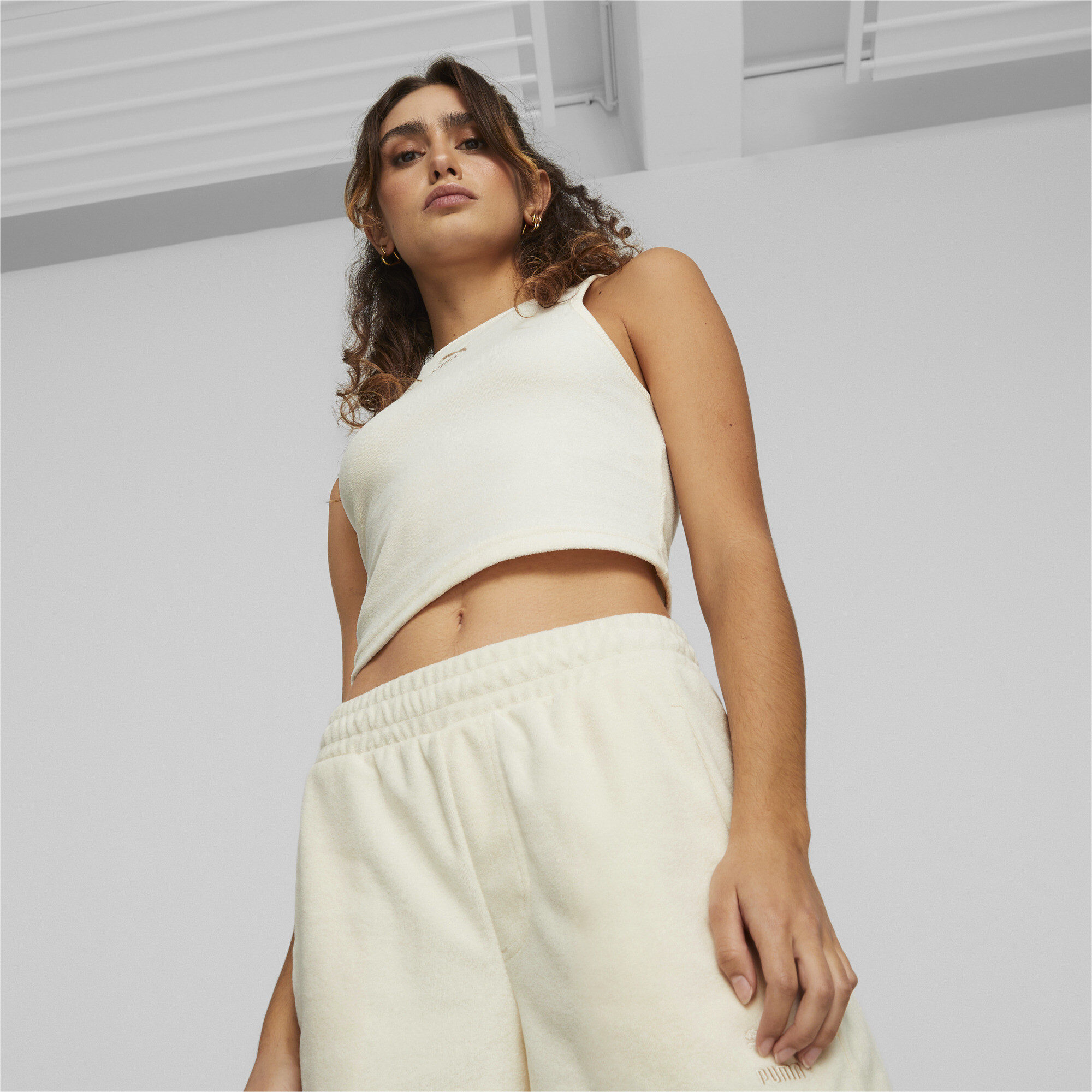 Women's Puma Classics Towelling Crop Top, White, Size S, Clothing
