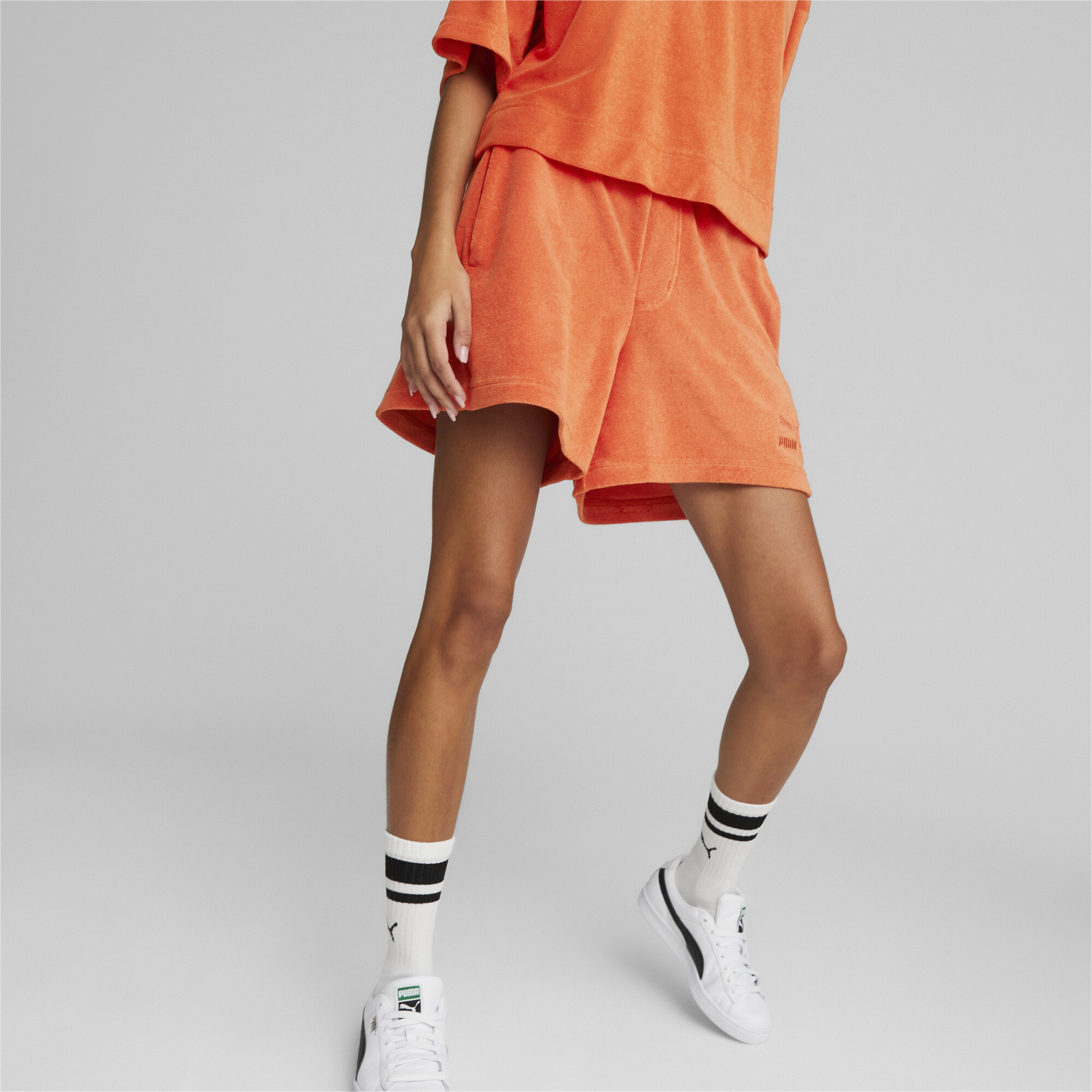 Women's Puma Classics Towelling Shorts, Orange, Size L, Clothing