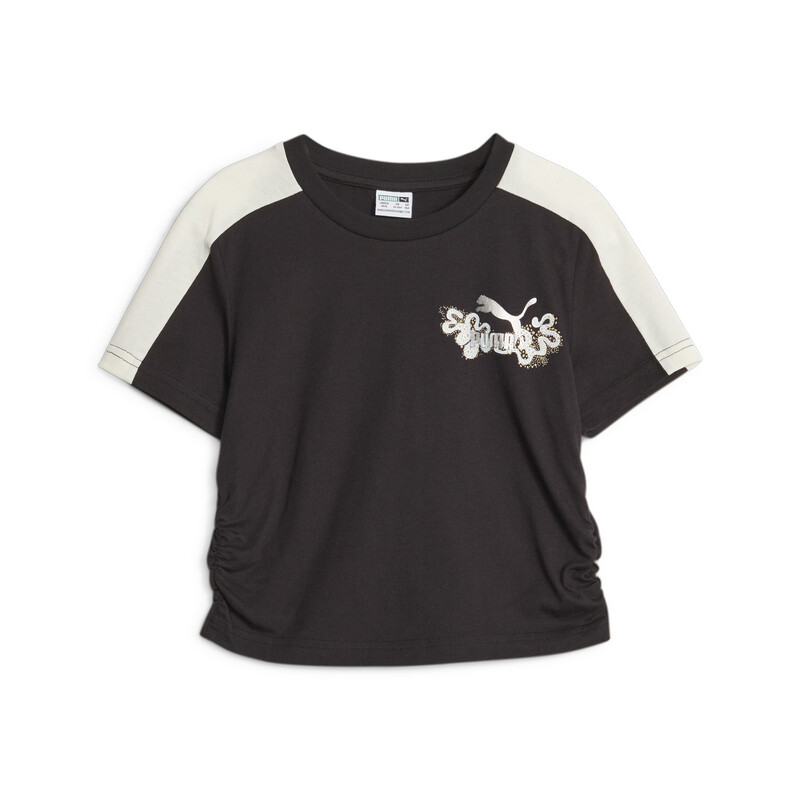Women's PUMA T7 Flower Youth Cotton T-Shirt in Black size 11-12Y