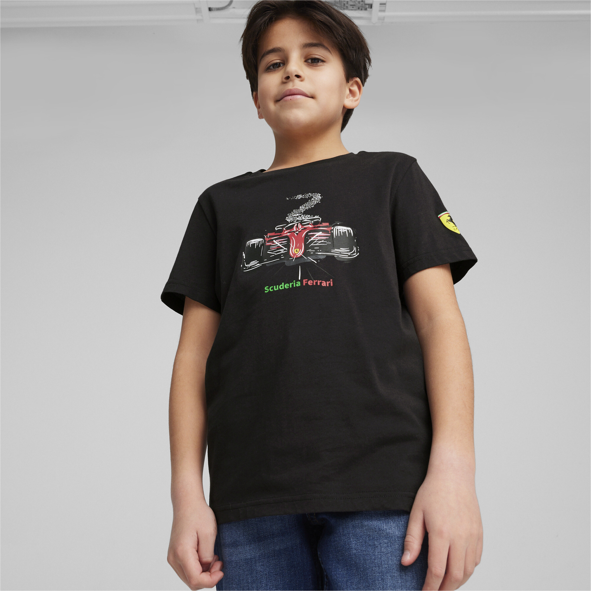 Puma Scuderia Ferrari Race Youth Motorsport Graphic T-Shirt, Black, Size 11-12Y, Clothing