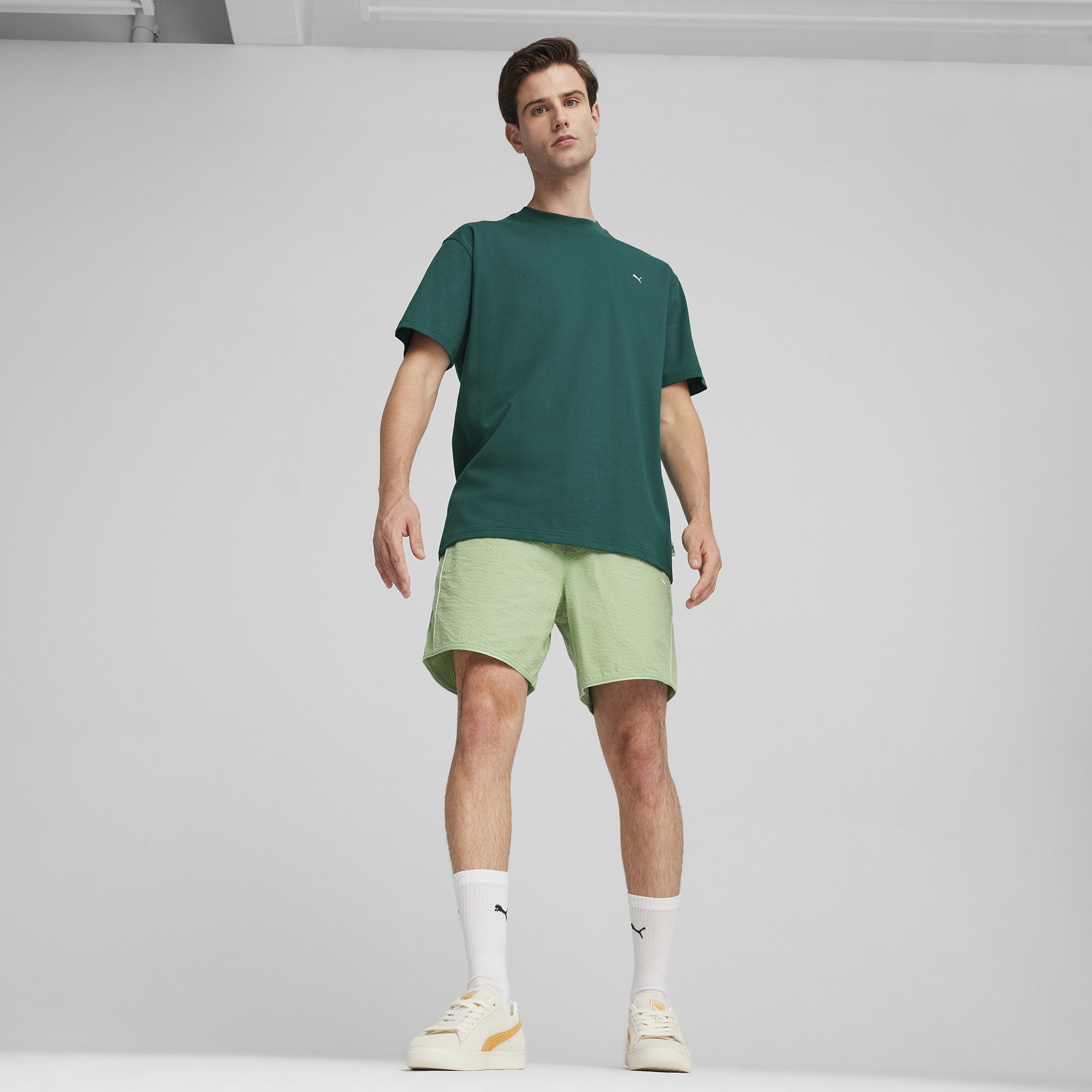 Men's PUMA MMQ Seersucker Shorts In Green, Size XS, Cotton