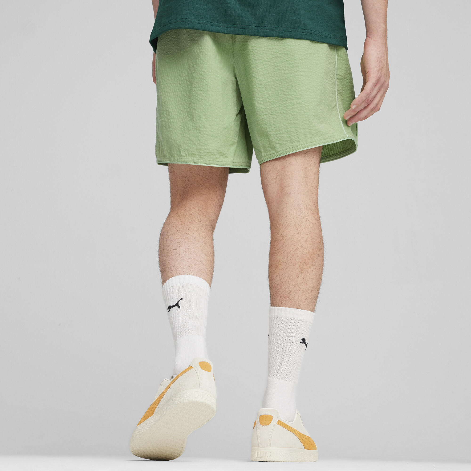 Men's PUMA MMQ Seersucker Shorts In Green, Size XS, Cotton