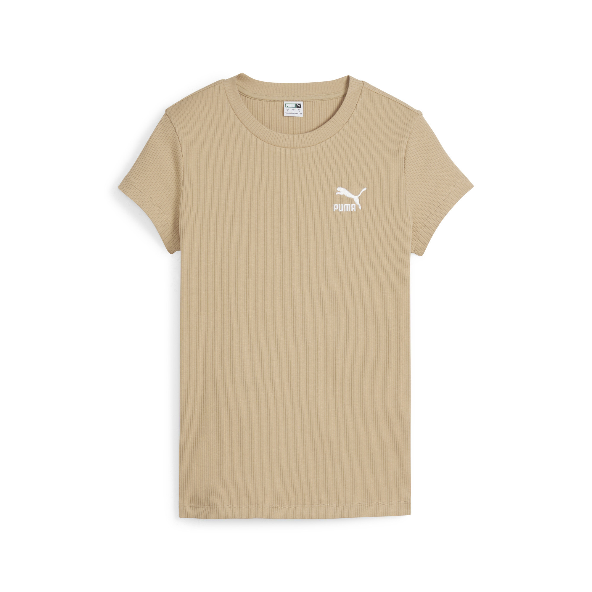 Women's PUMA CLASSICS Ribbed Slim T-Shirt In Beige, Size Large, Polyester