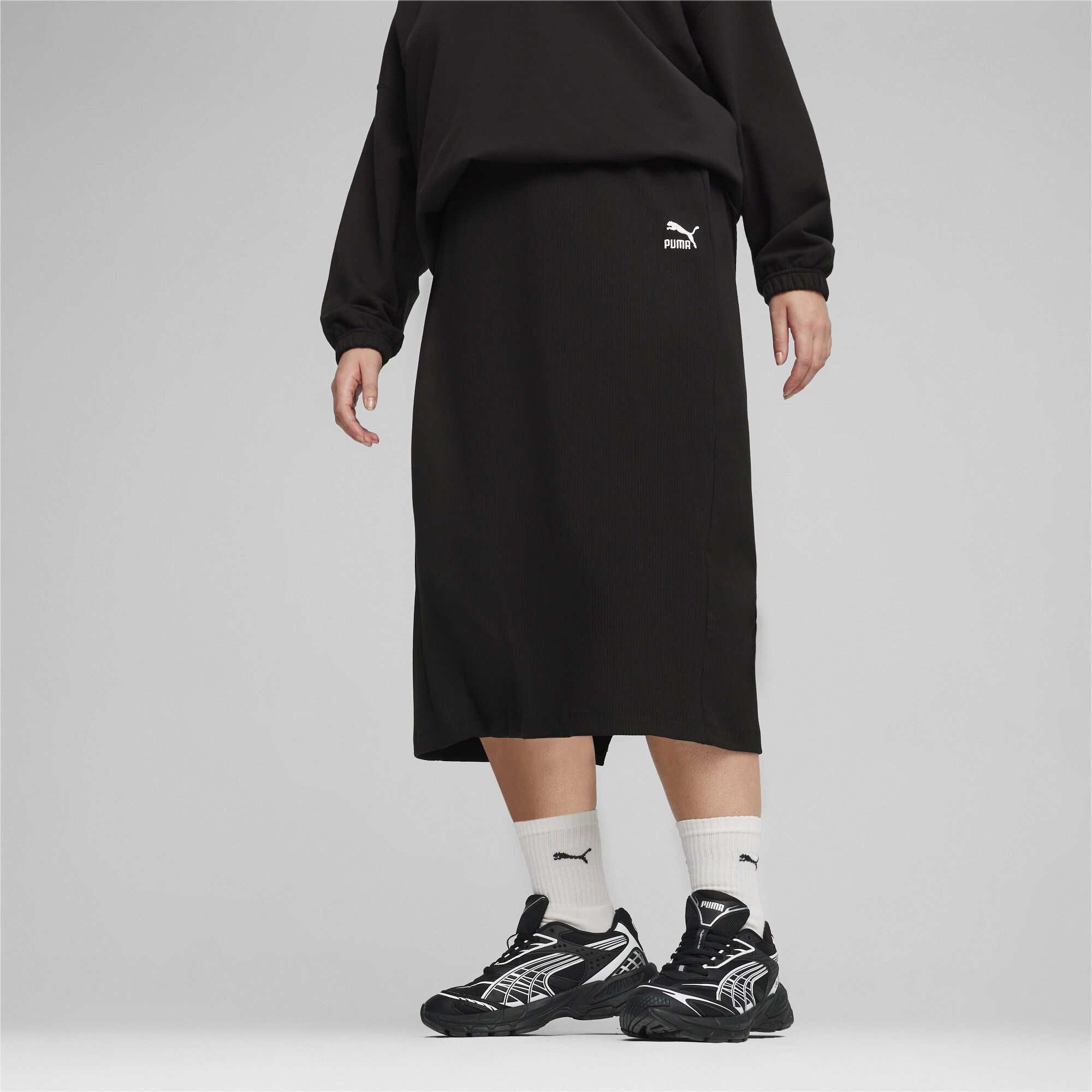 Women's Puma CLASSICS's Ribbed Midi Skirt, Black, Size L, Clothing