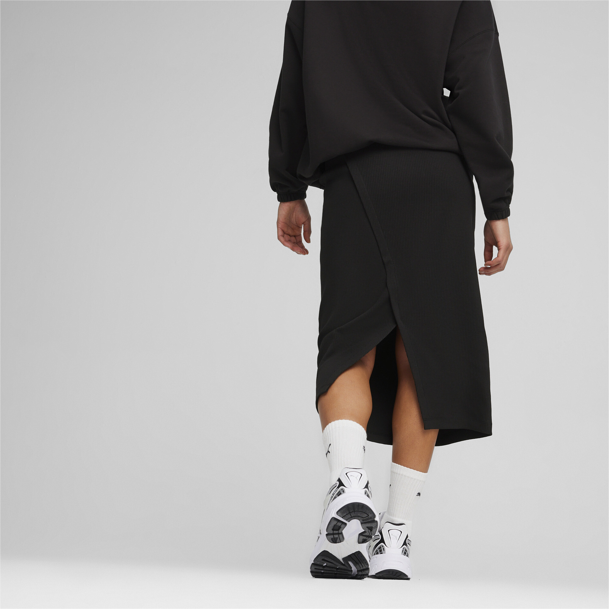 Women's Puma CLASSICS's Ribbed Midi Skirt, Black, Size XS, Clothing