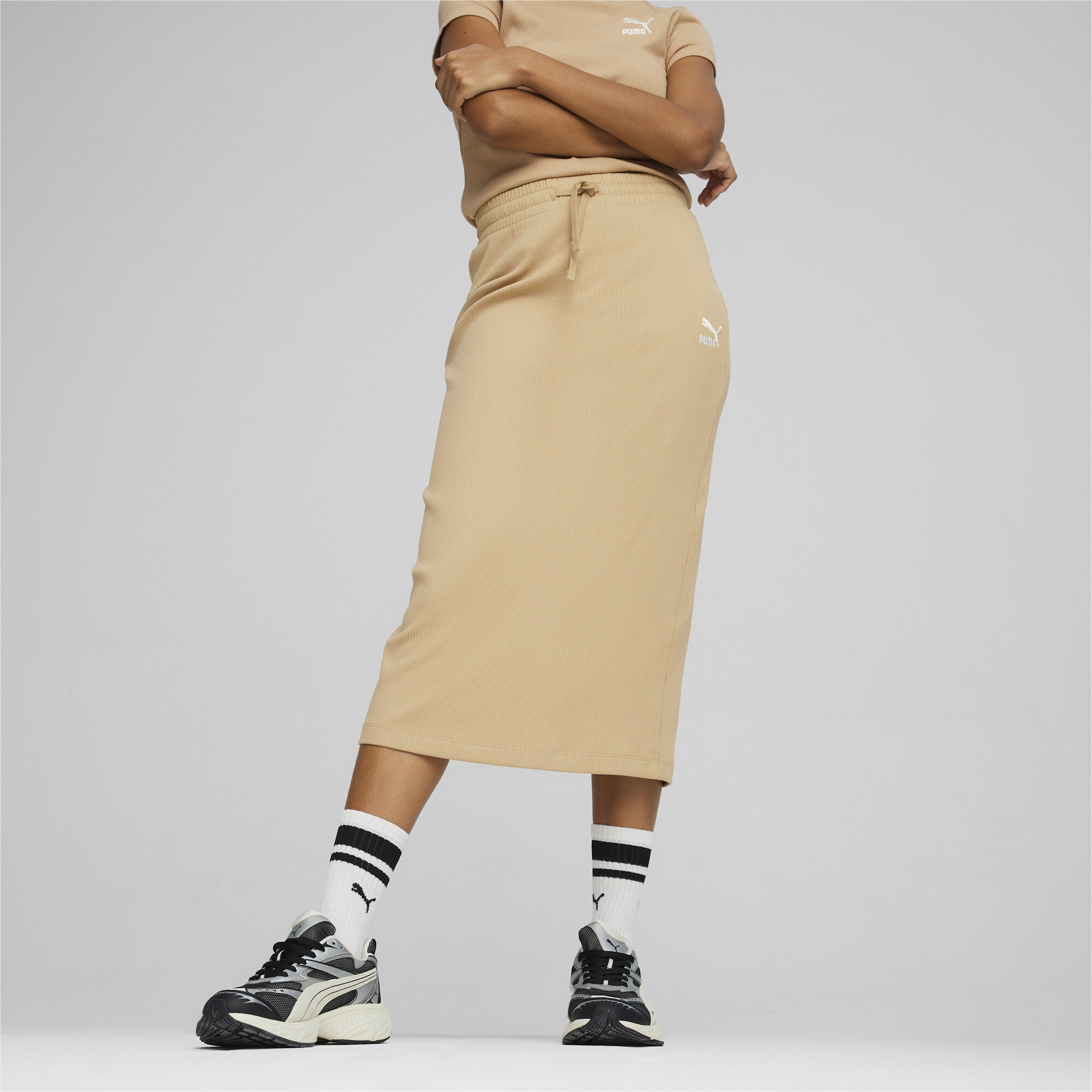 Women's PUMA CLASSICS Ribbed Midi Skirt In Beige, Size Medium