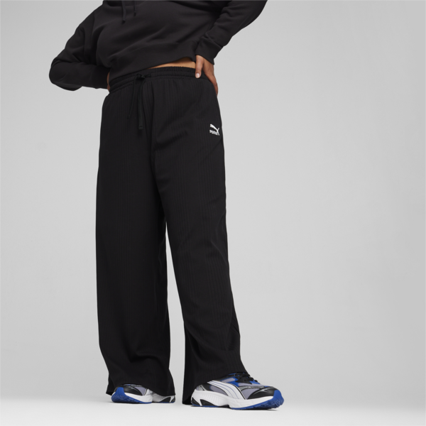Pantalones de chándal CLASSICS de canalé y corte holgado para mujer, PUMA Black, large-ARG