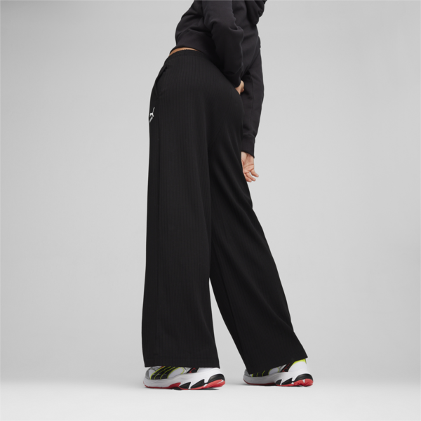 Pantalones de chándal CLASSICS de canalé y corte holgado para mujer, PUMA Black, large-ARG