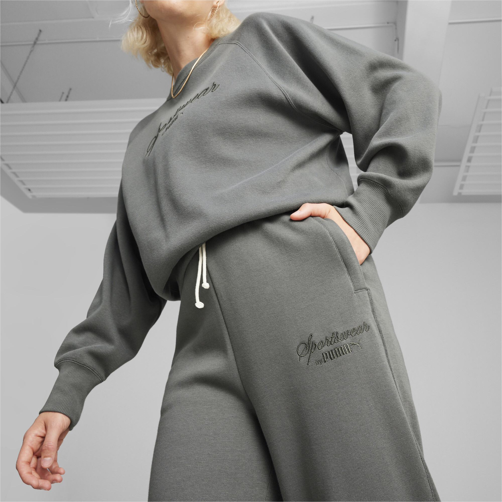 Women's PUMA CLASSICS+ Relaxed Sweat Pants In Gray, Size XS