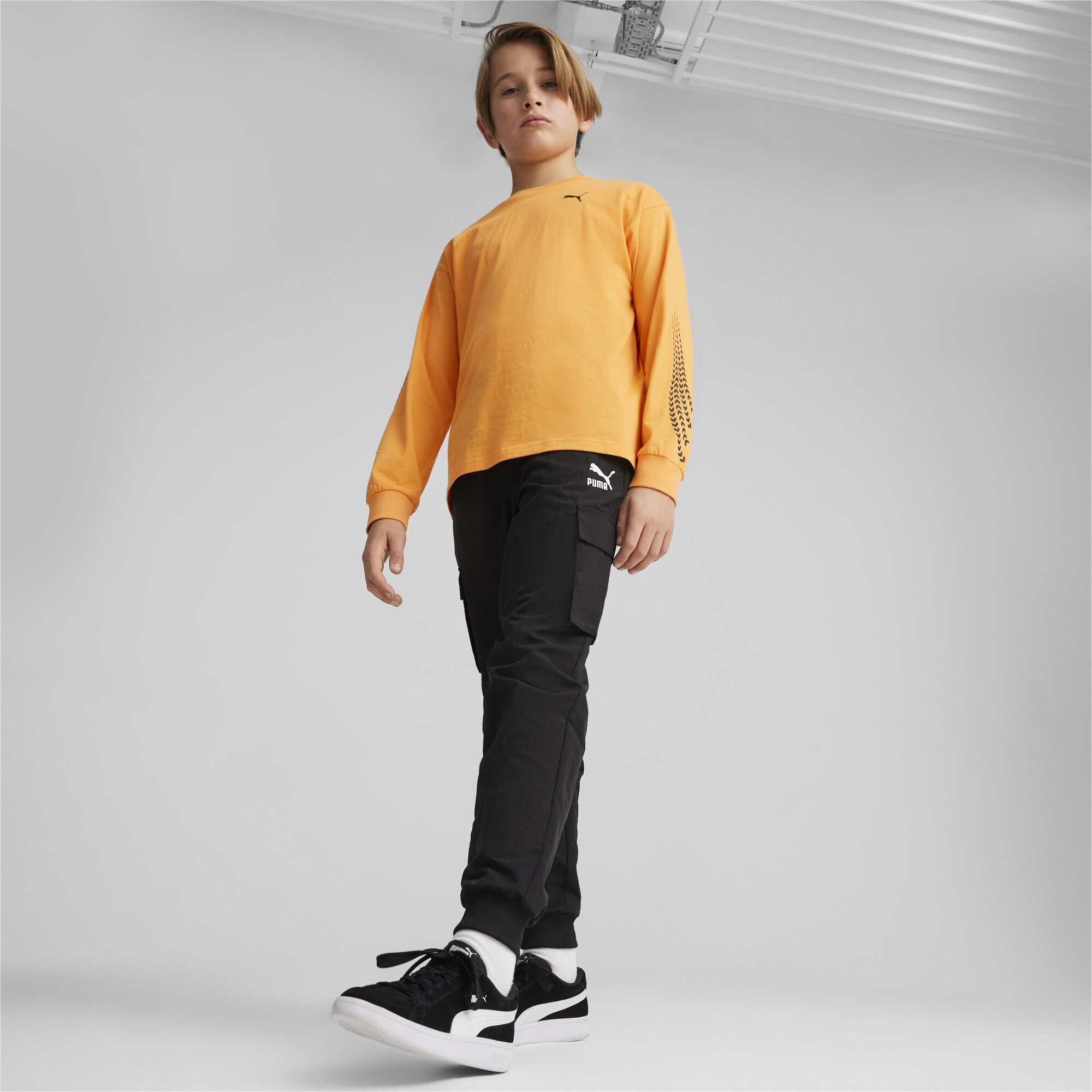 PUMA CLASSICS XCNTRY BKR Long Sleeve T-Shirt In Orange, Size 13-14 Youth, Cotton