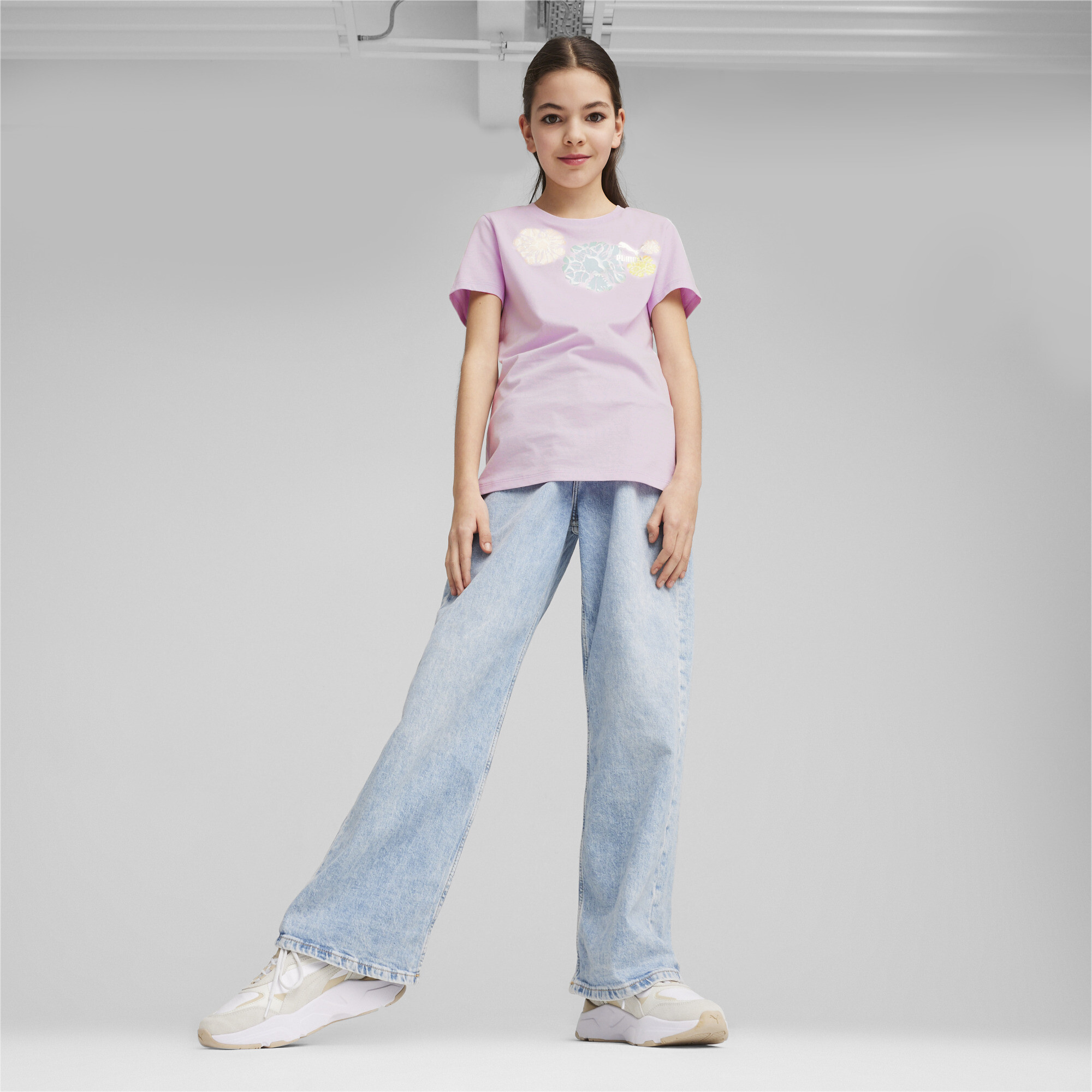 PUMA CLASSICS SNFLR Logo T-Shirt In Purple, Size 7-8 Youth