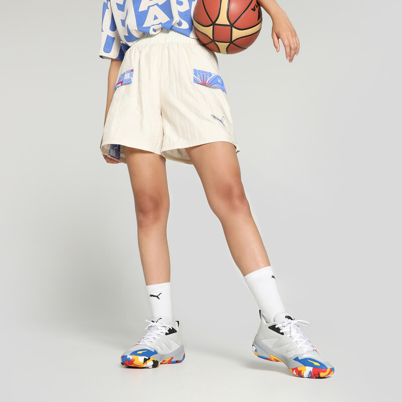 Women's PUMA Woven Scarf Basketball Shorts in Alpine Snow size S