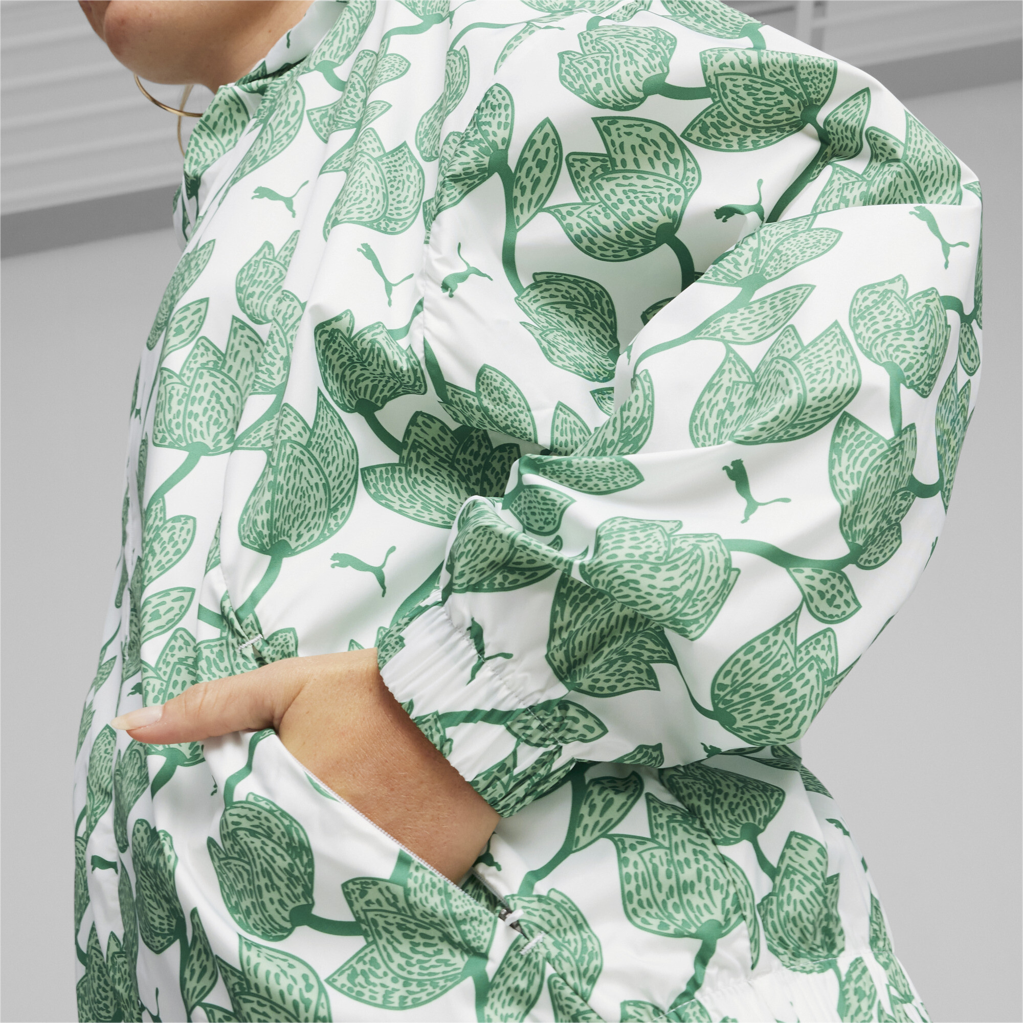 Women's PUMA Blossom All-Over Print Windbreaker In Green, Size Small