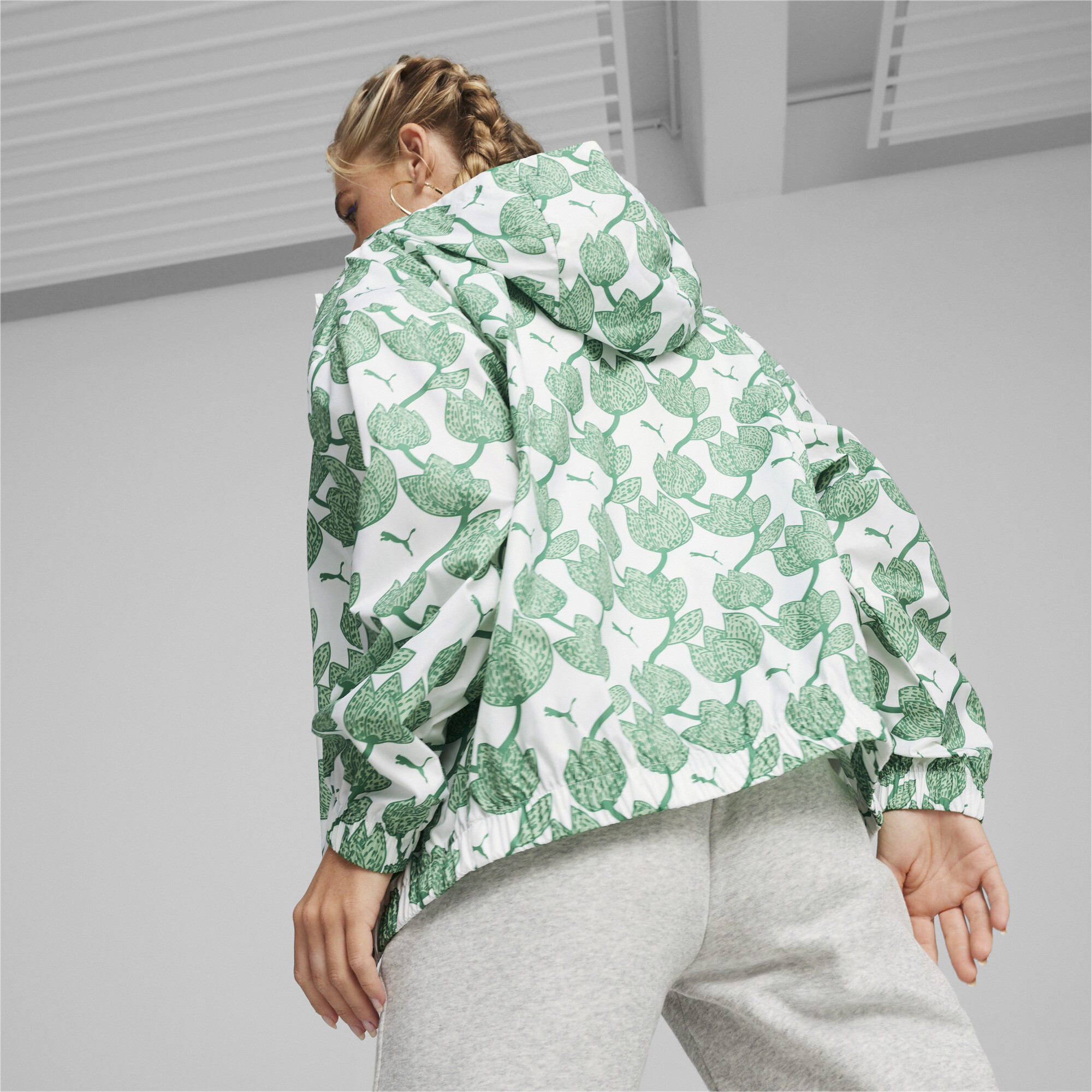 Women's PUMA Blossom All-Over Print Windbreaker In Green, Size Large