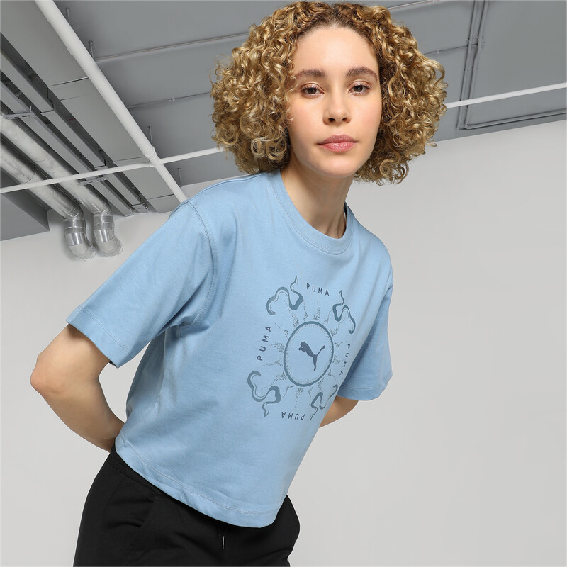 Women's PUMA Classics Graphic Relaxed Fit T-shirt in Black/Blue size L