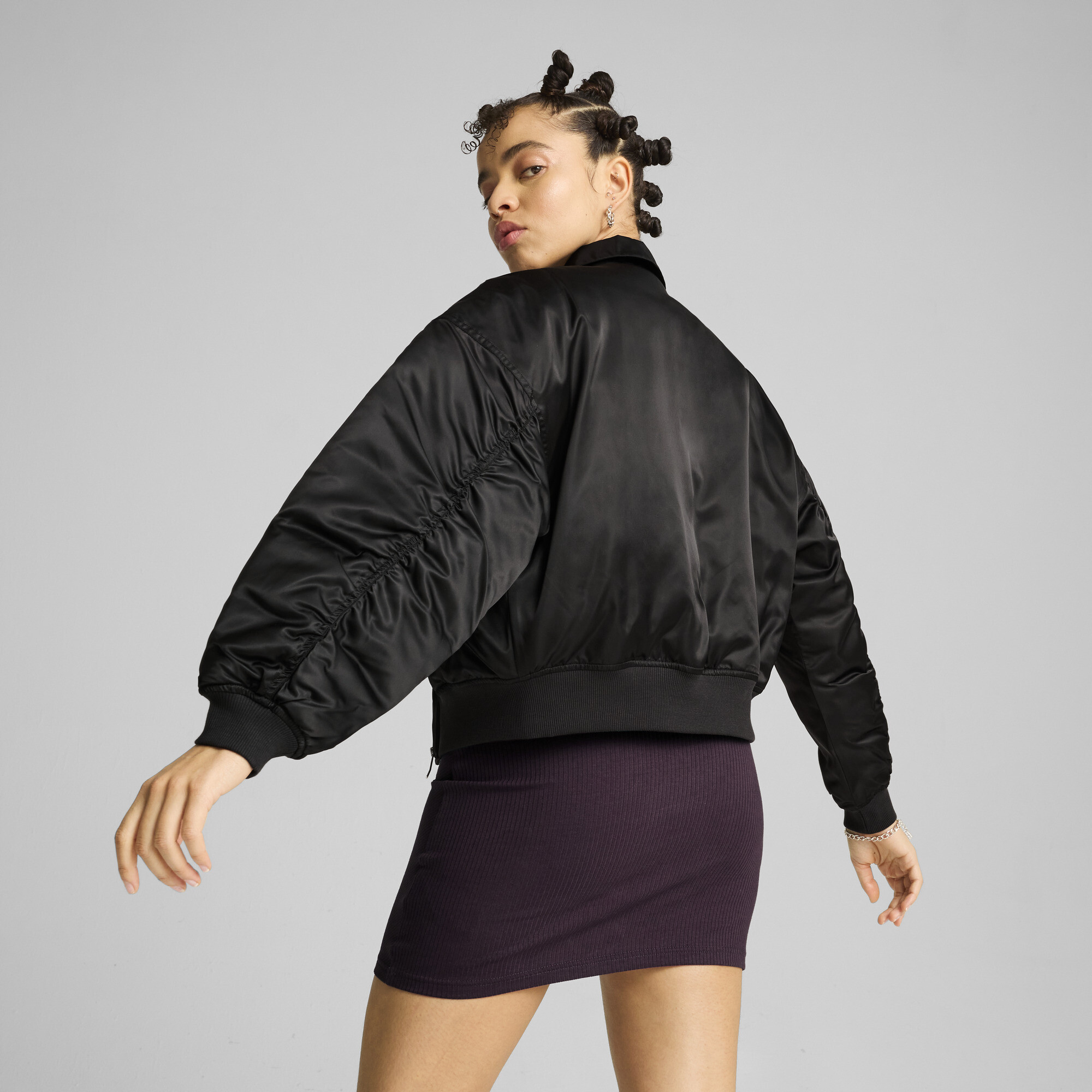 Women's Puma Satin Bomber Jacket, Black, Size M, Clothing