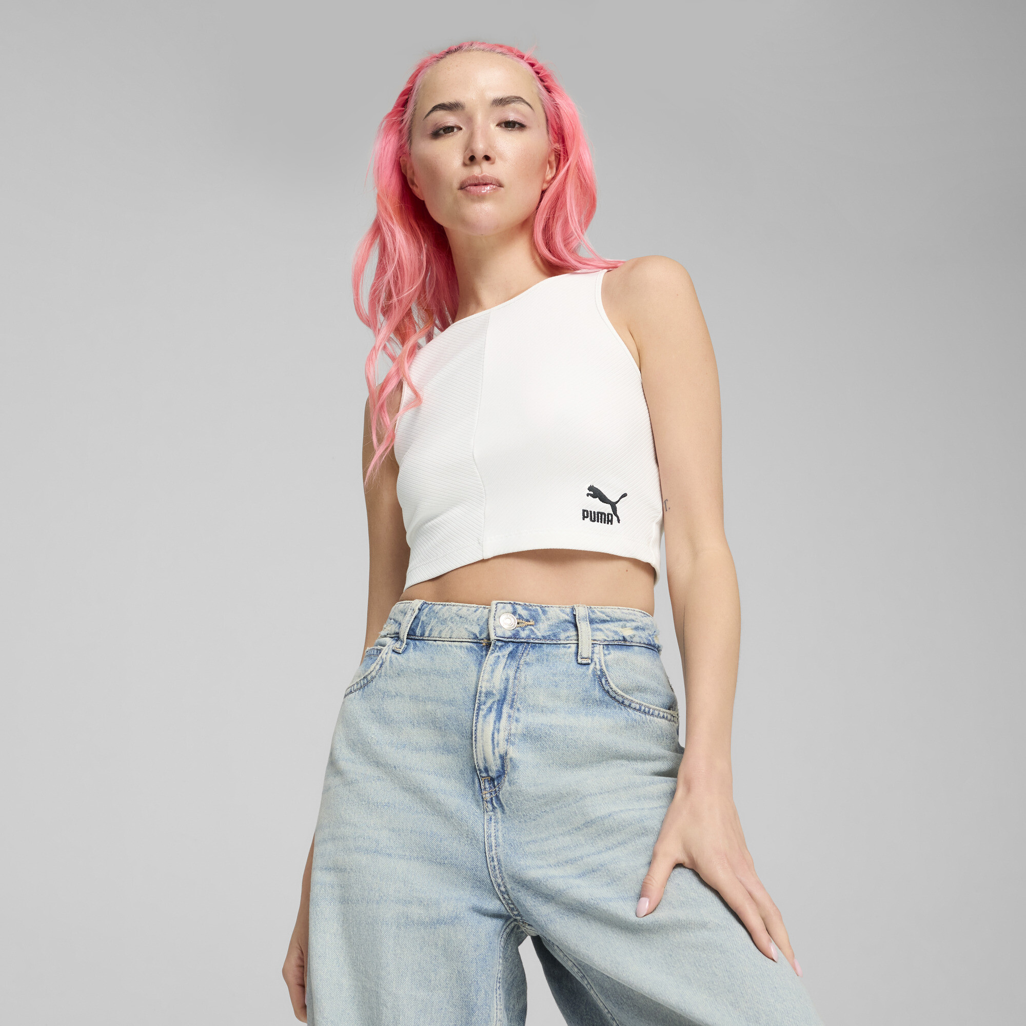 Puma CLASSICS Geripptes Crop-Top Damen | Mit Plain | White | Größe: L